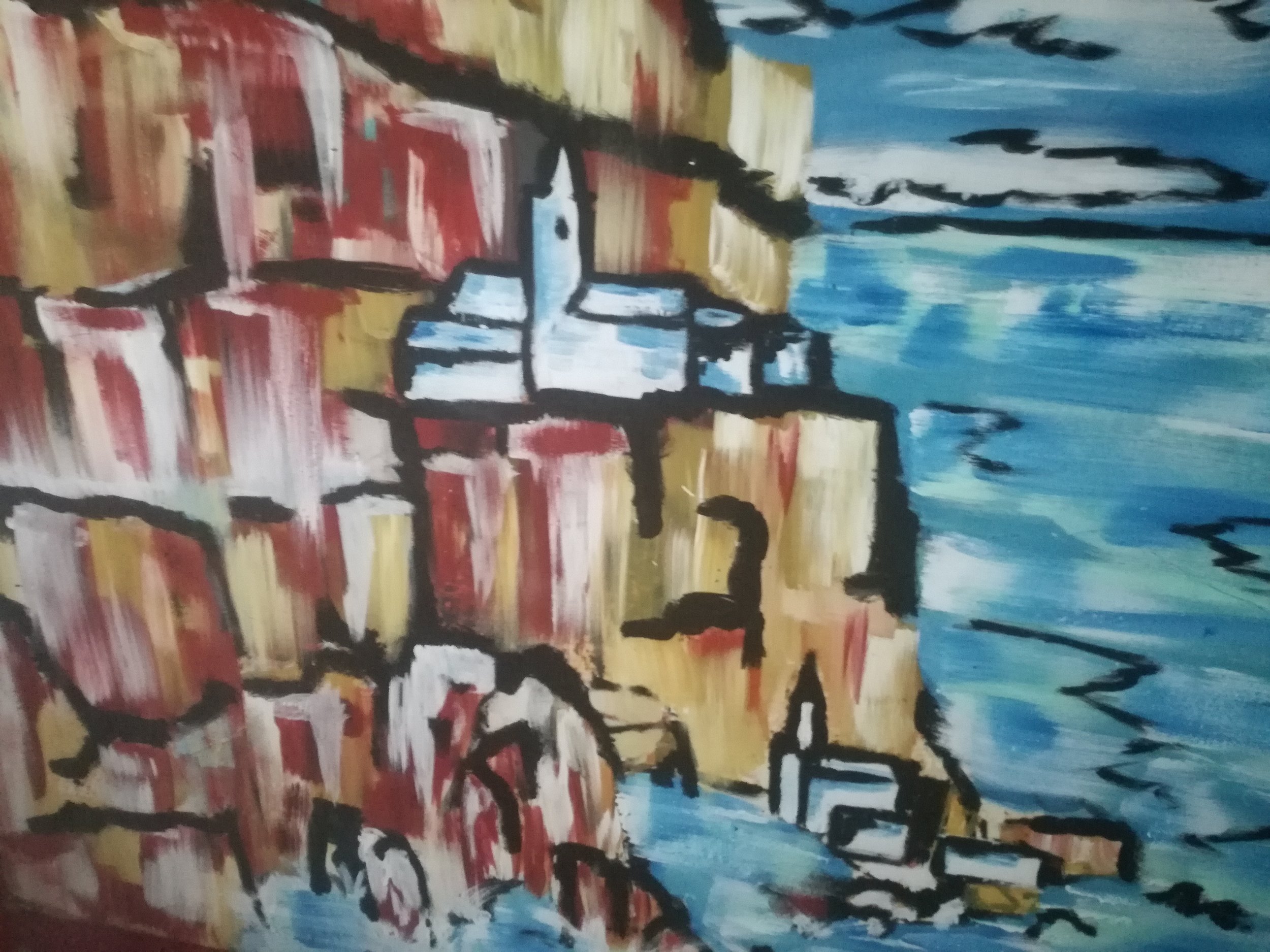 An abstract painting of a sunset over water with a boat and rocky shoreline, rendered with bold brushstrokes and vibrant colors.