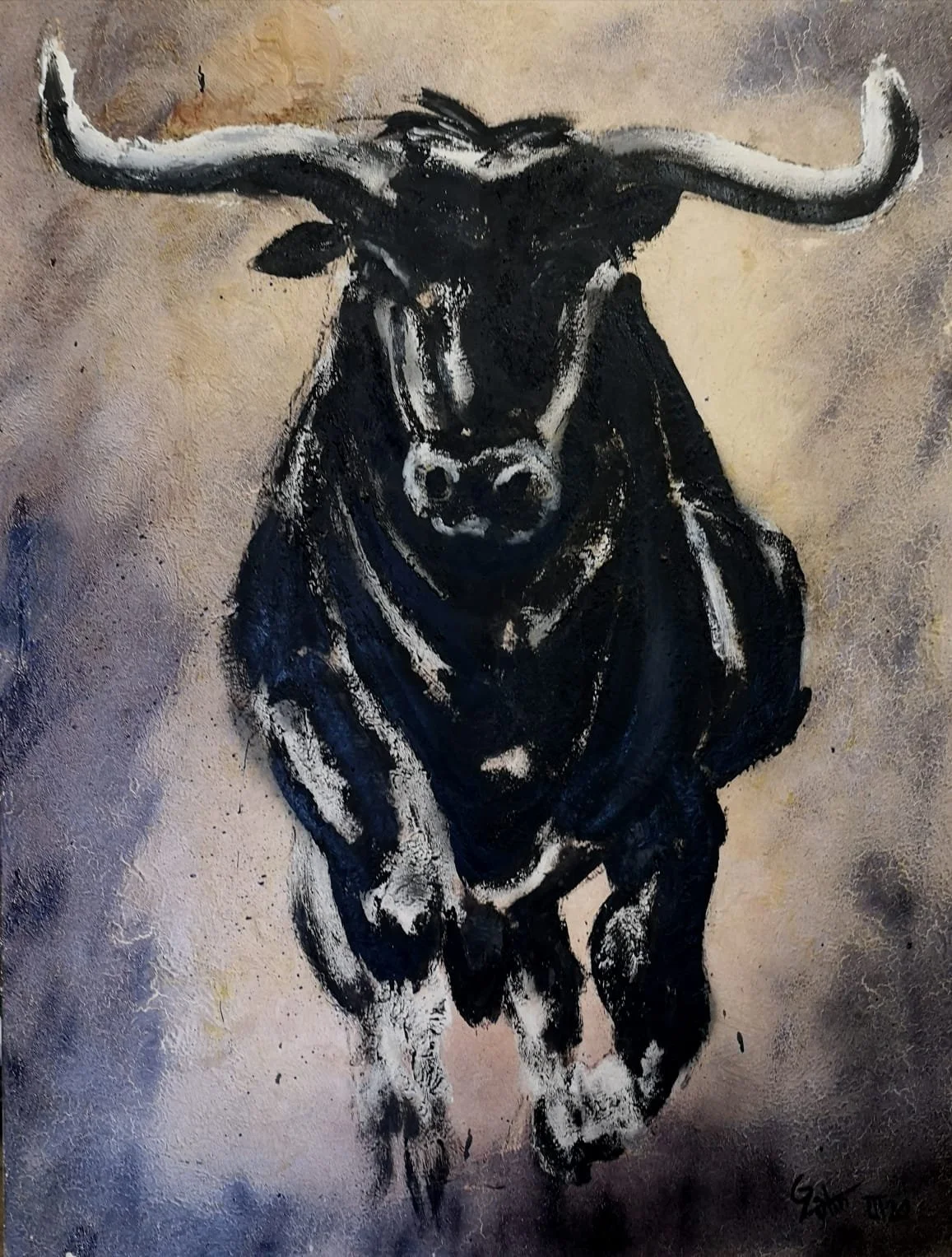 A painting of a charging bull with horns, painted in black and white on a textured beige background.