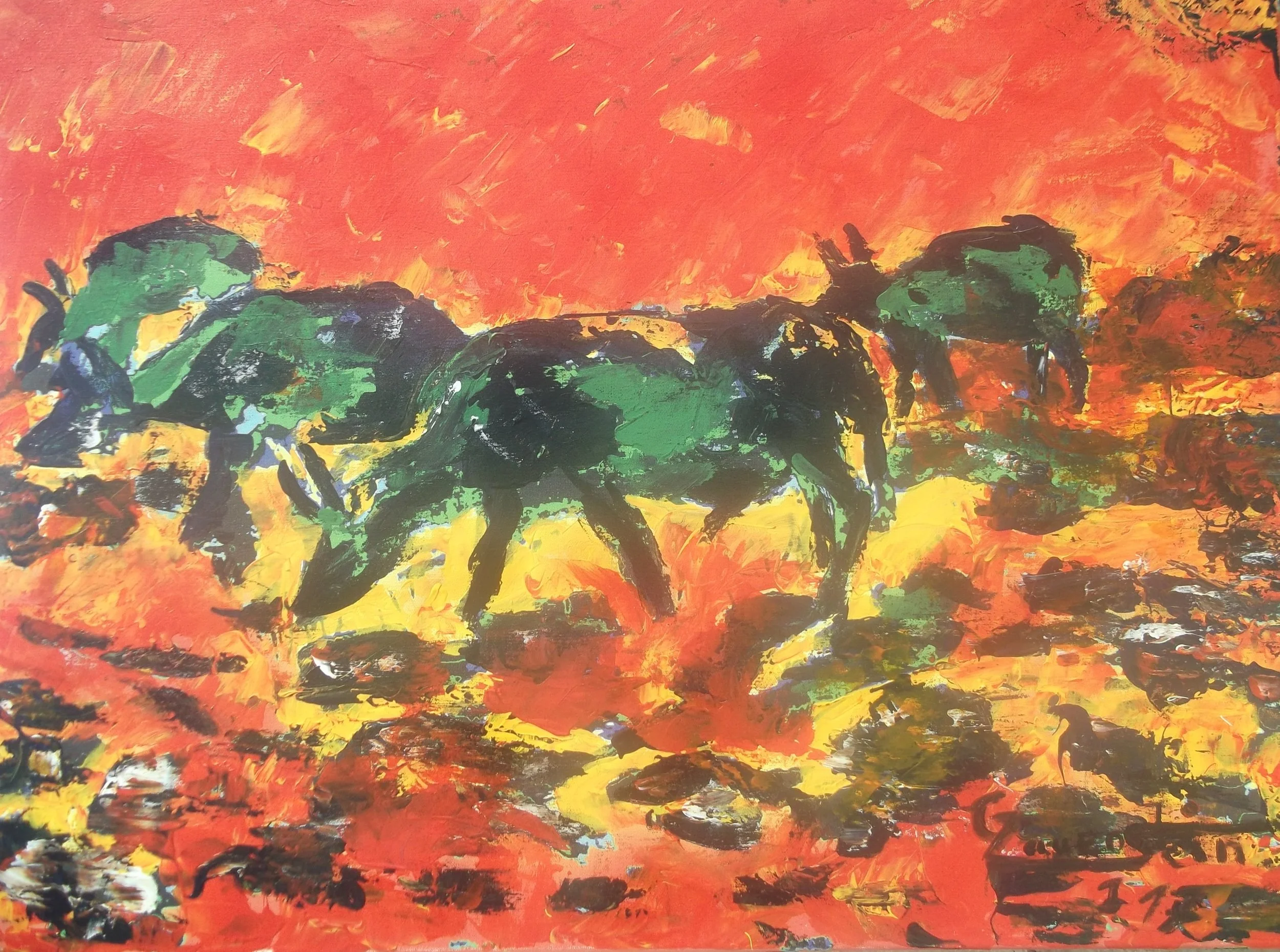 A painting of two green and black horses walking in a fiery orange and yellow landscape.
