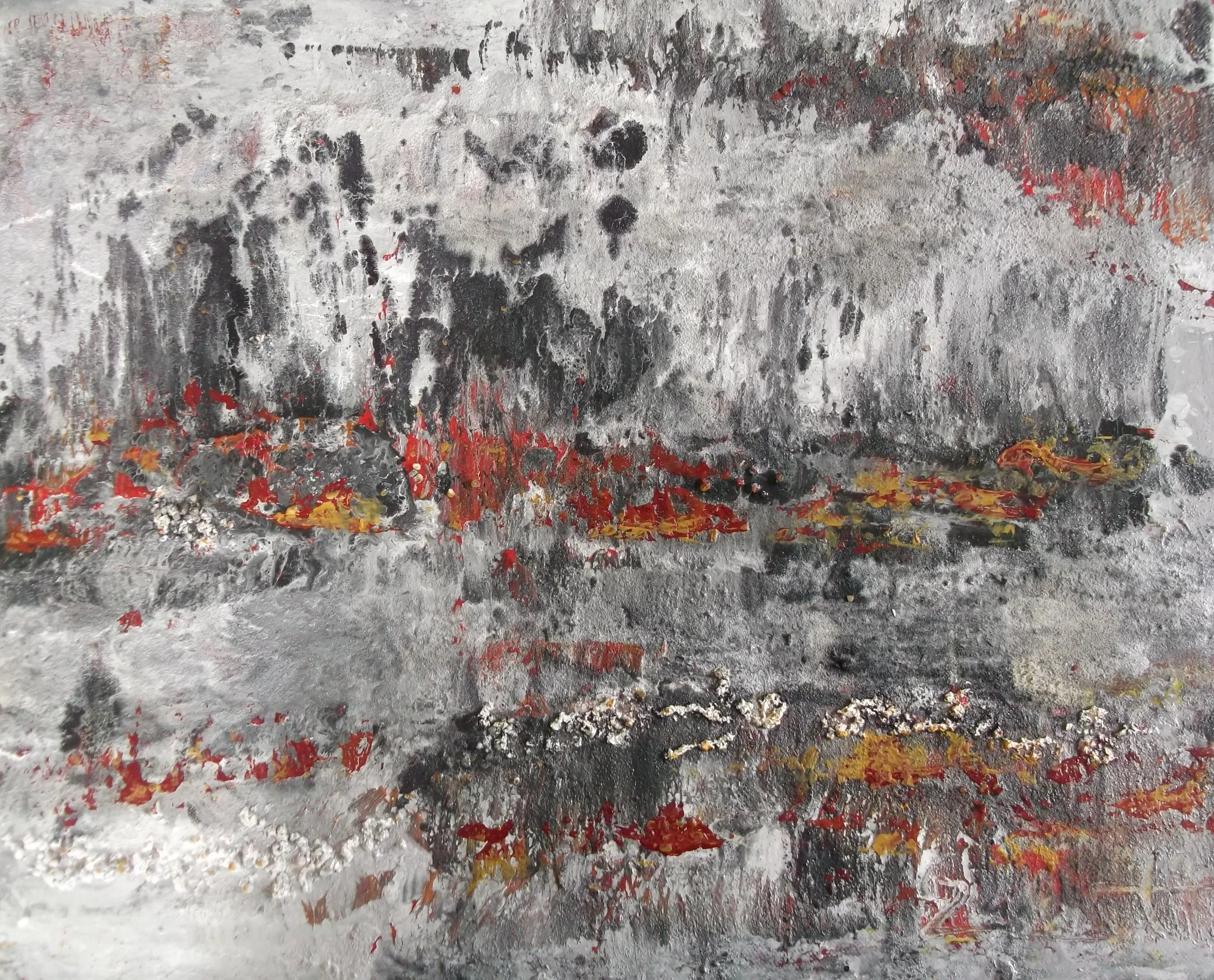 Abstract painting with shades of gray, black, white, red, and gold, featuring textured, layered brushstrokes and splatters.