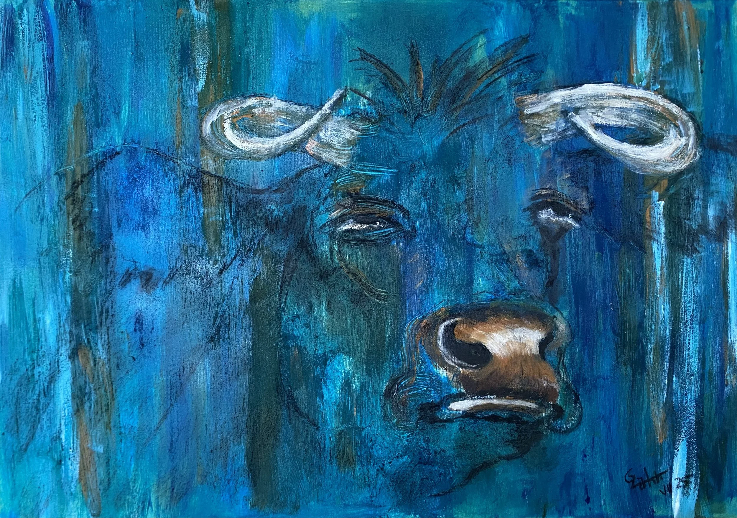 Abstract painting of a large face with closed eyes, rendered in blue tones with black, white, and brown accents, signed by the artist in the bottom right corner.