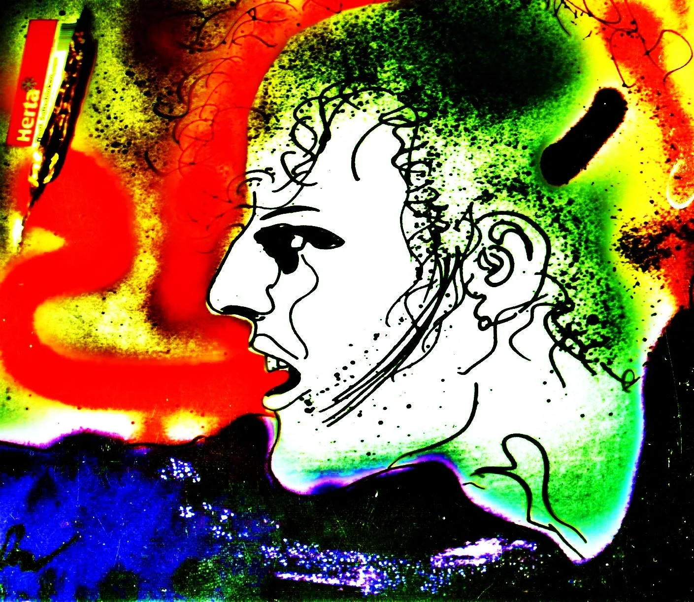 A vibrant graffiti-style artwork featuring a black outline of a person's face in profile, with colorful spray paint background in red, green, yellow, and blue.