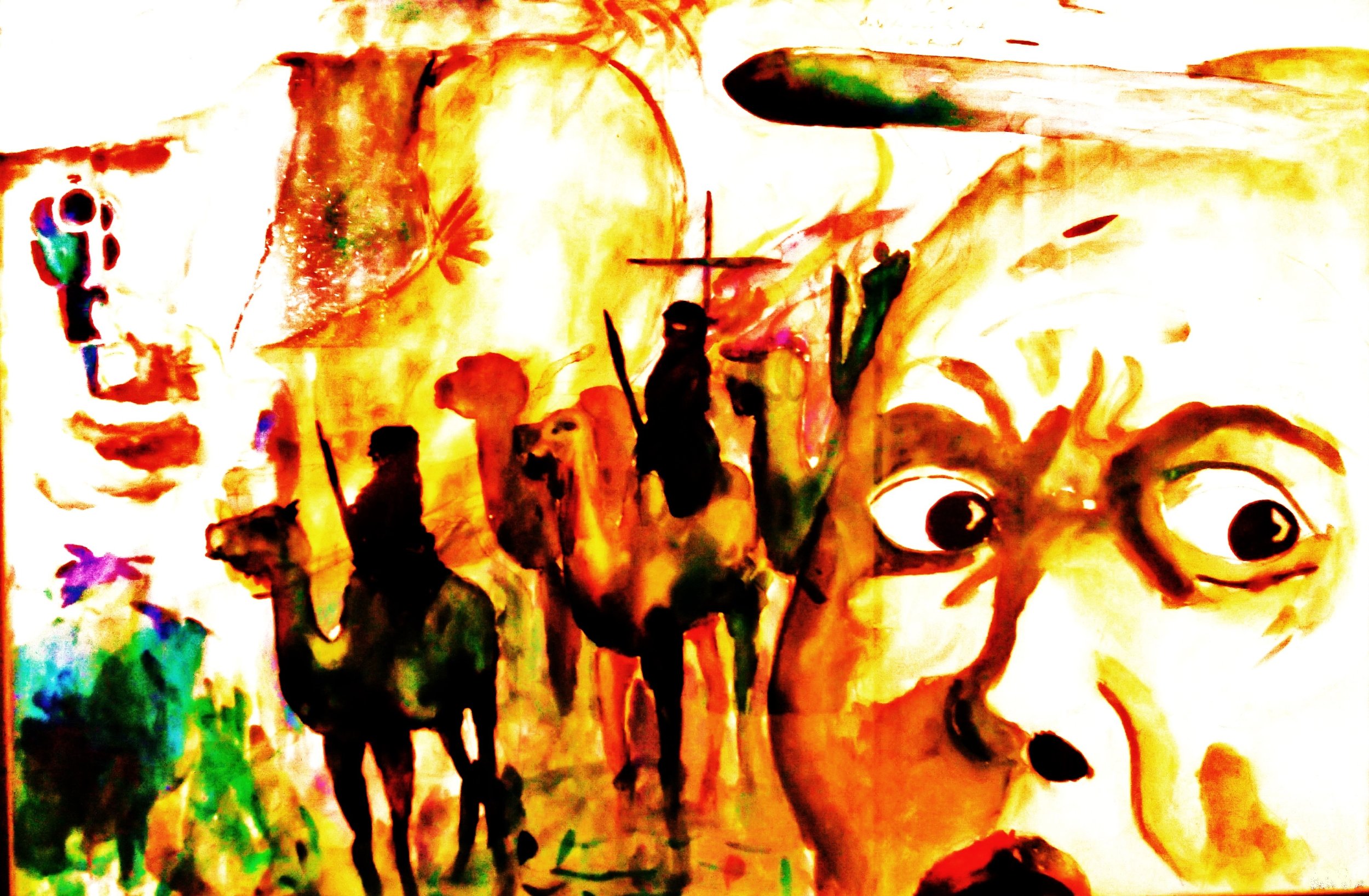 Abstract watercolor painting featuring a large face with expressive wide-open eyes, surrounded by silhouettes of people with spears and animals, in vibrant warm colors.