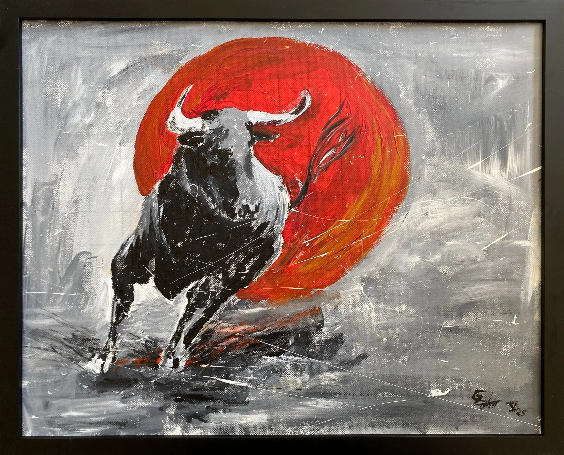 Painting of a bull with large horns and a black body, standing in front of a red sun or circle, with abstract gray and white background.