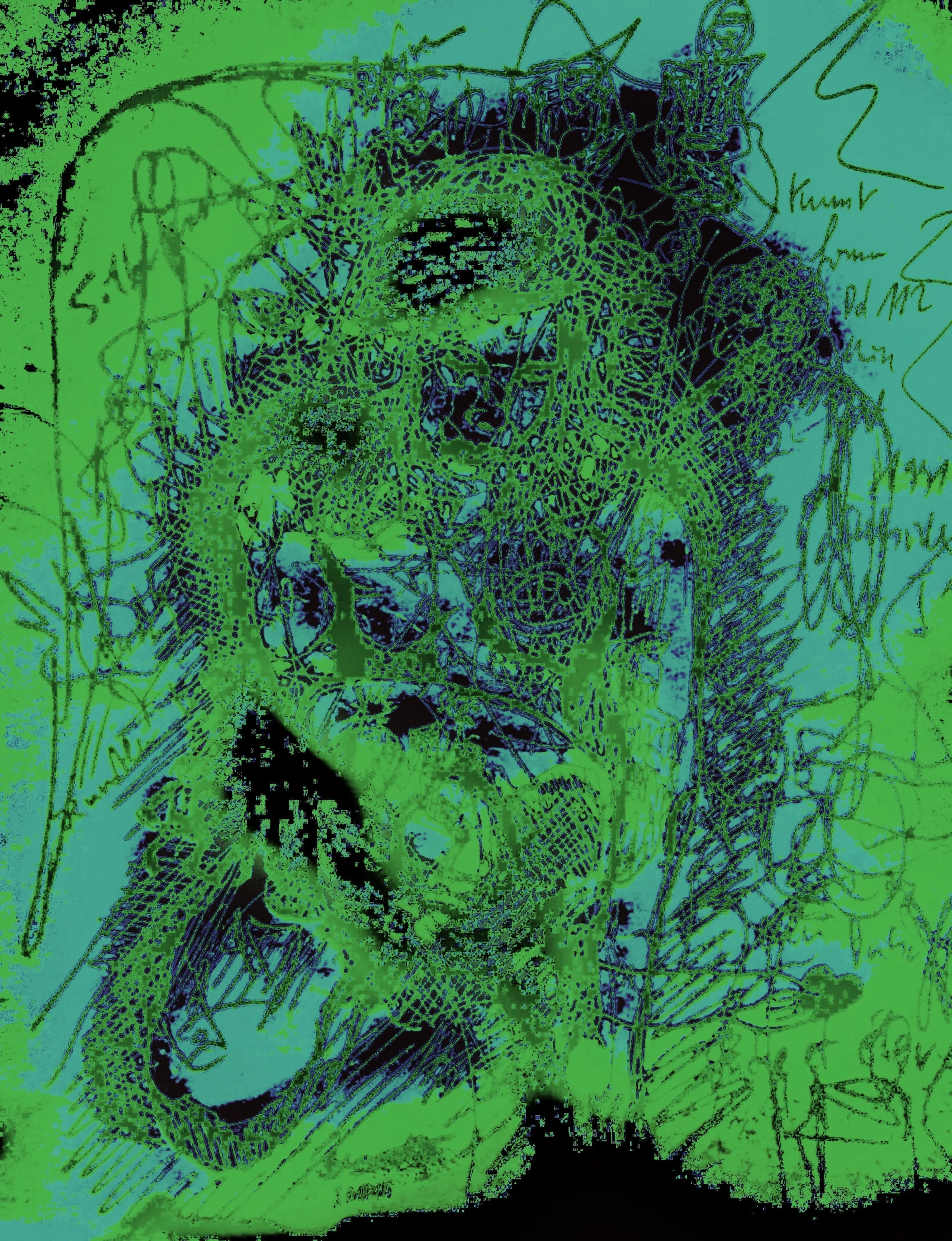 A digitally manipulated drawing of a person holding a phone, with scribbles and details surrounding the figure. The image has a green and black color overlay.
