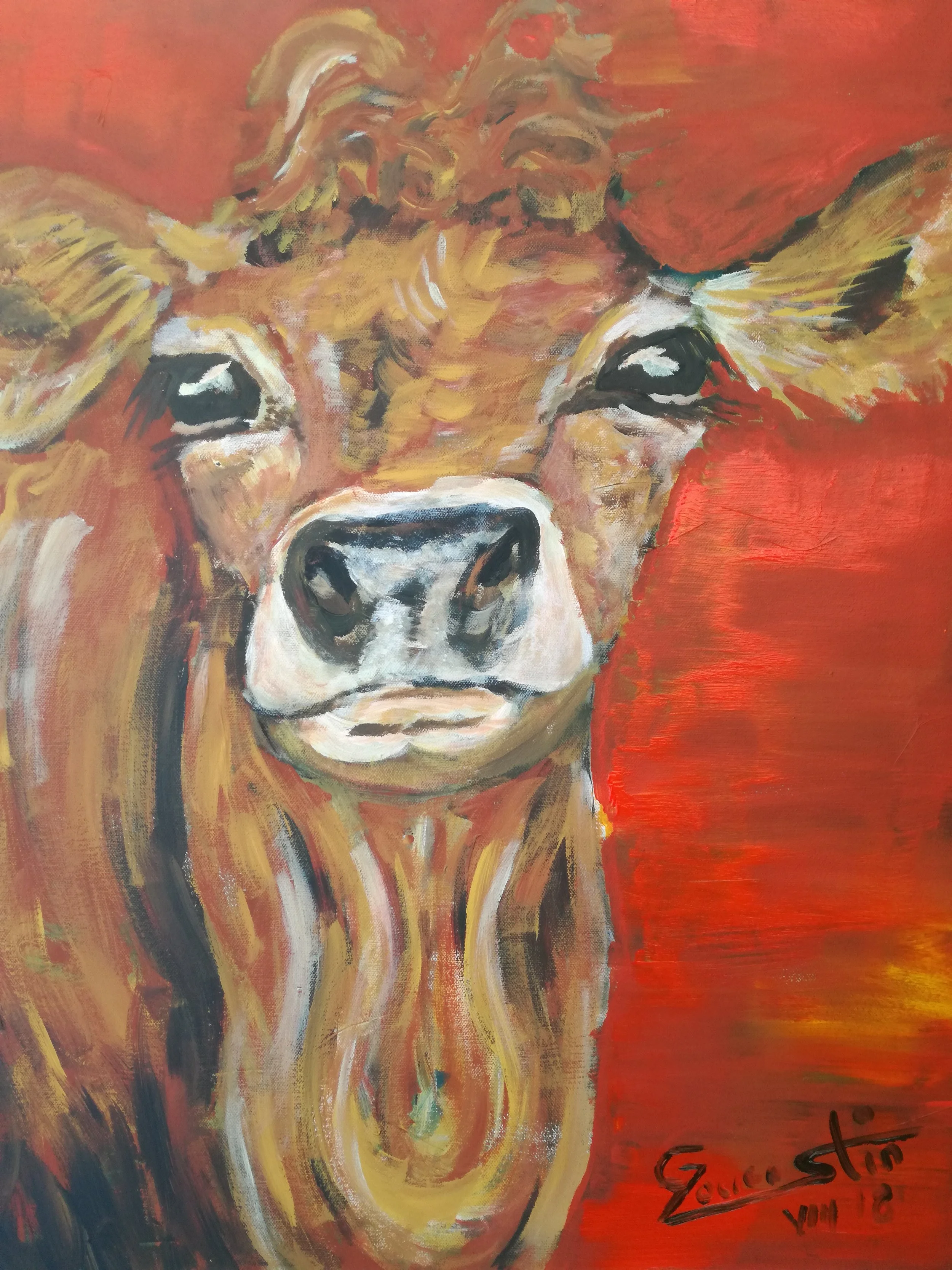Painting of a cow with a reddish-orange background, signed by the artist in the lower right corner.