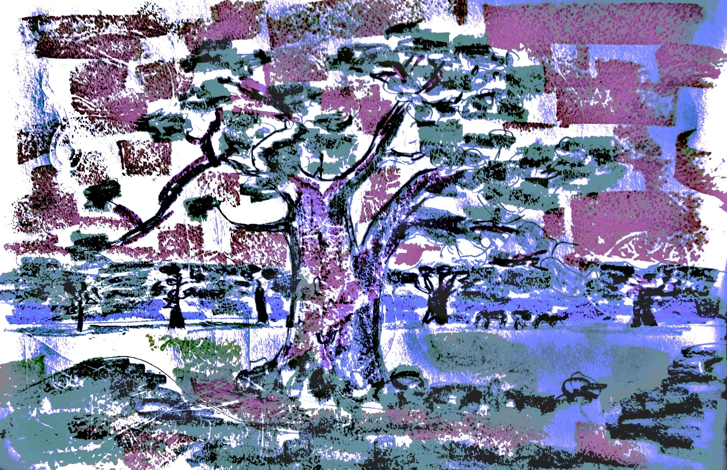Abstract painting of a large tree with sprawling branches and leaves, set against a textured background with shades of purple, blue, and green.