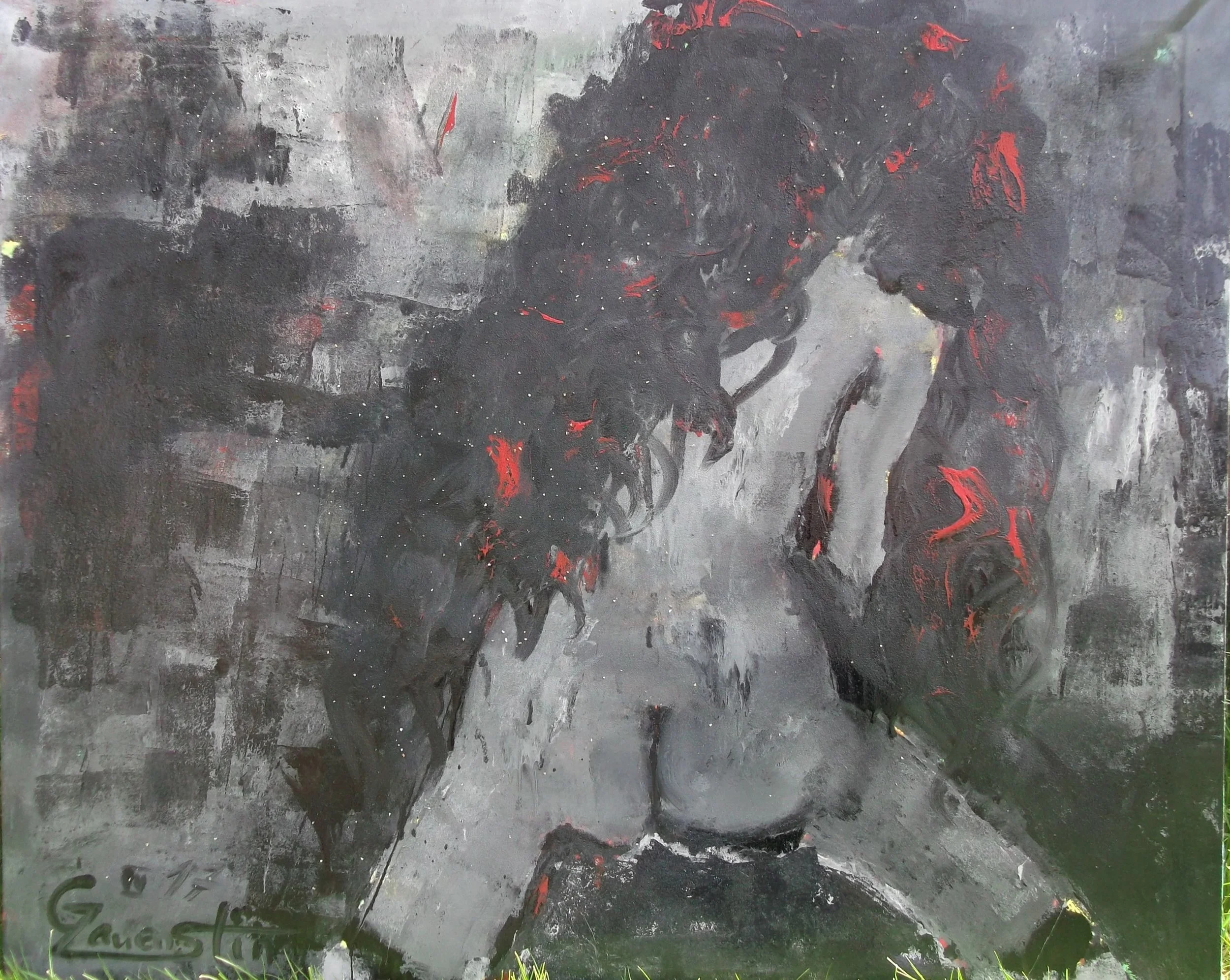 Abstract painting of a woman with long curly hair, depicted in grey, black, red, and white tones, appearing to lean forward.