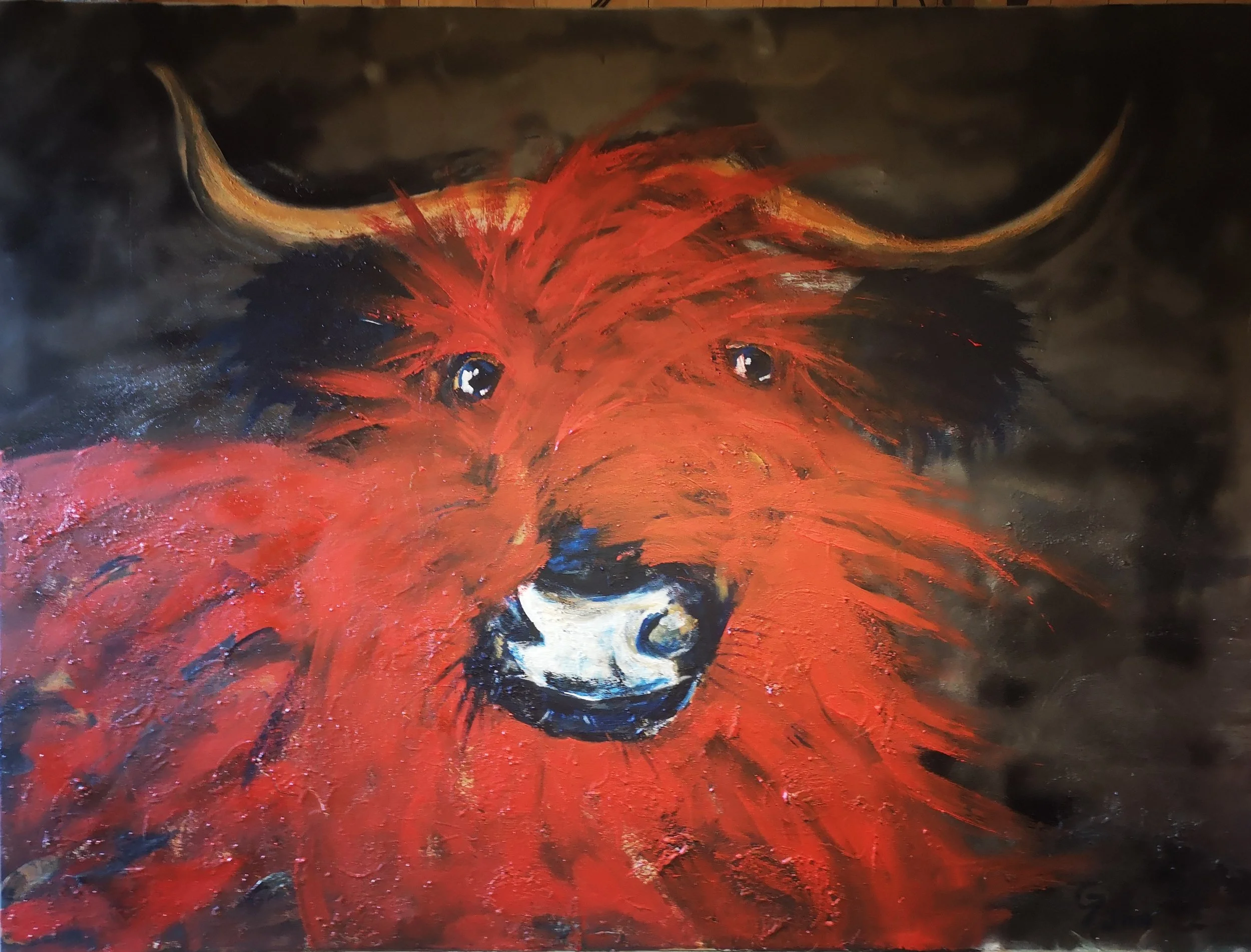 Painting of a highland cow with long shaggy fur and large horns on a dark background.