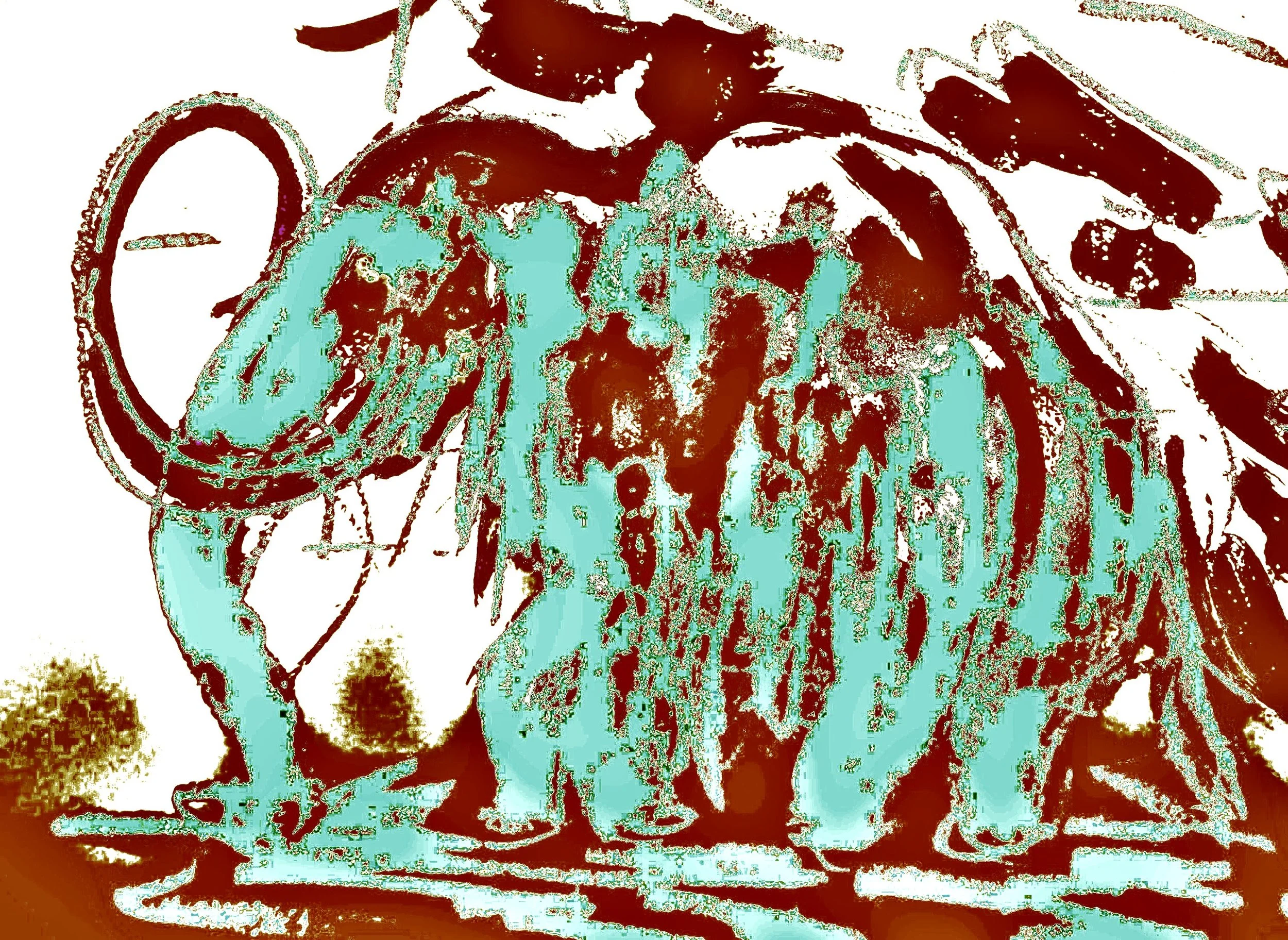 A group of horses standing together, with some looking to the side and one in the center facing forward, in a stylized, high-contrast digital art style.