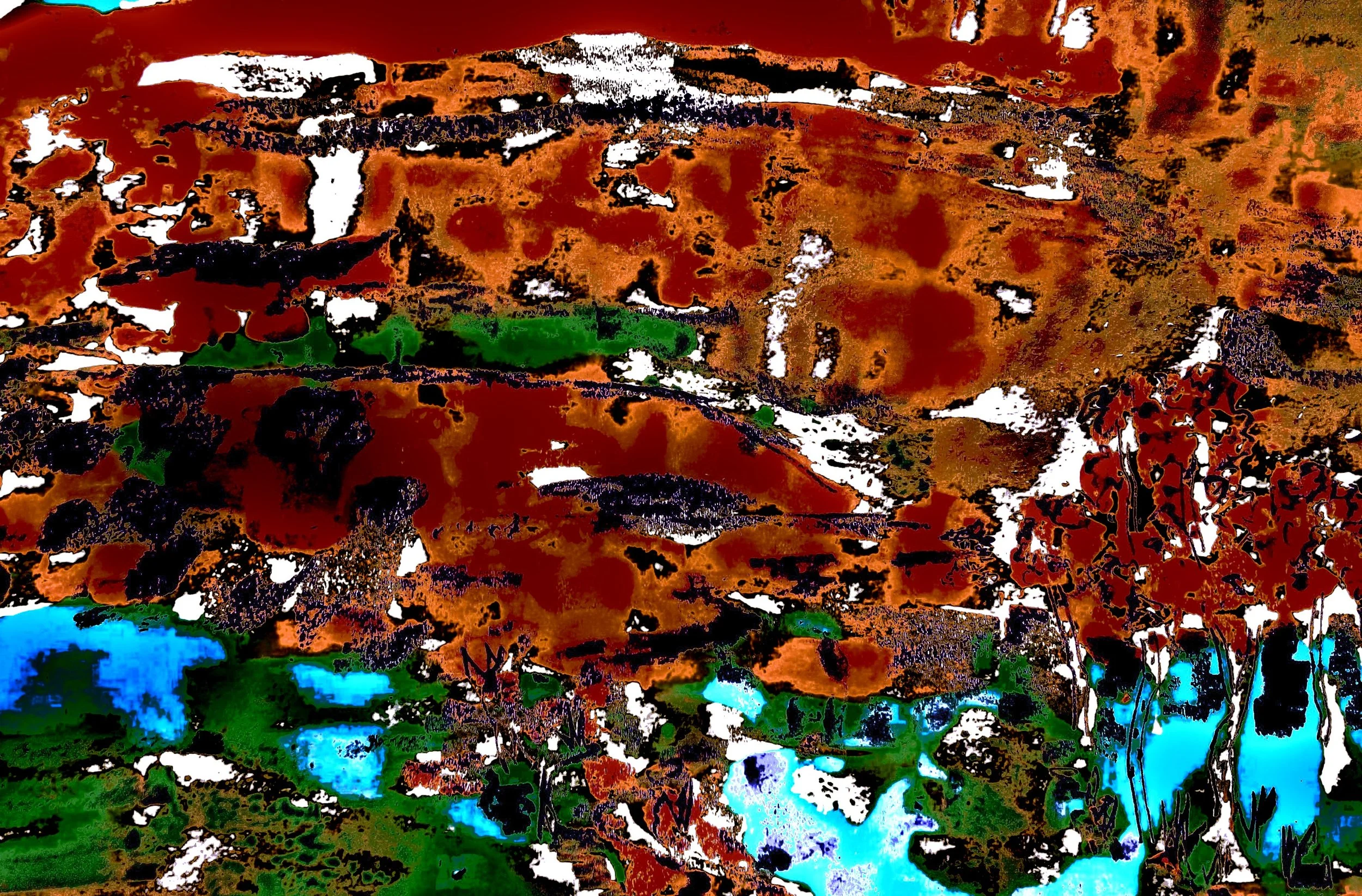 Colorful abstract art with dominant brown, green, and blue hues, depicting a nature scene with trees and water.