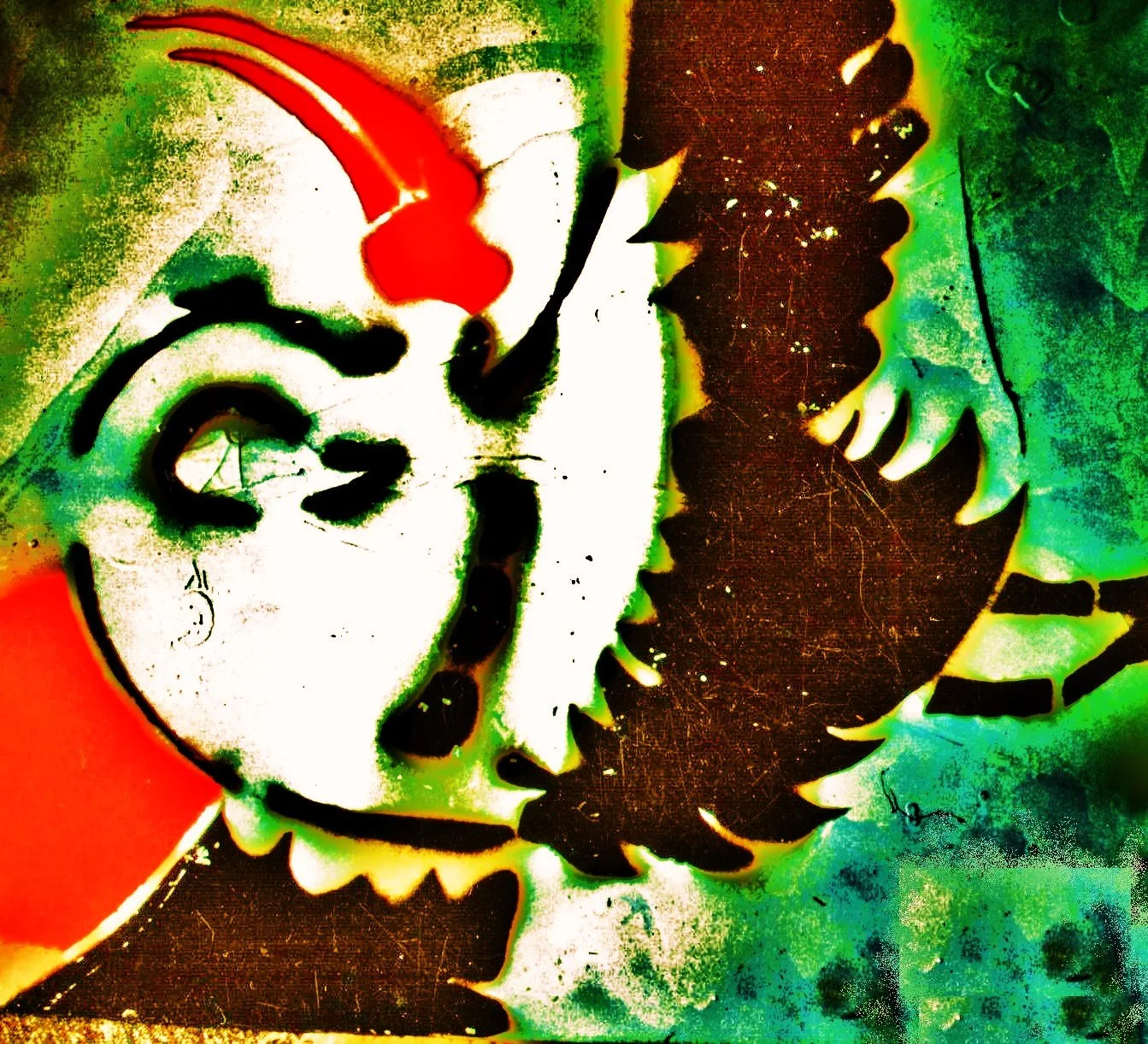 Colorful, abstract image featuring a stylized face with green, red, black, and white hues, and intricate patterns.