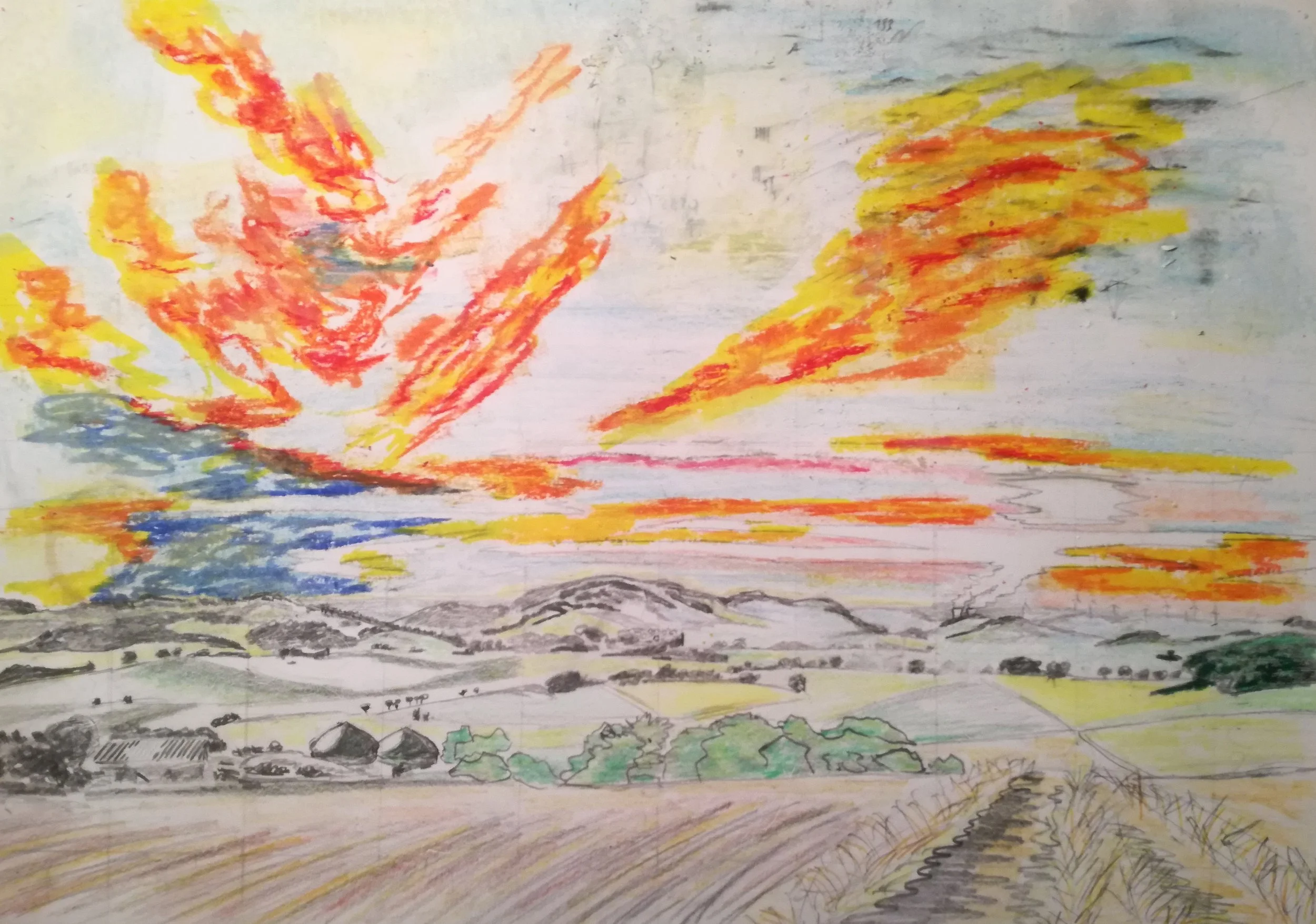 Colorful landscape drawing with a vibrant sunset, fields, trees, and hills in the background.