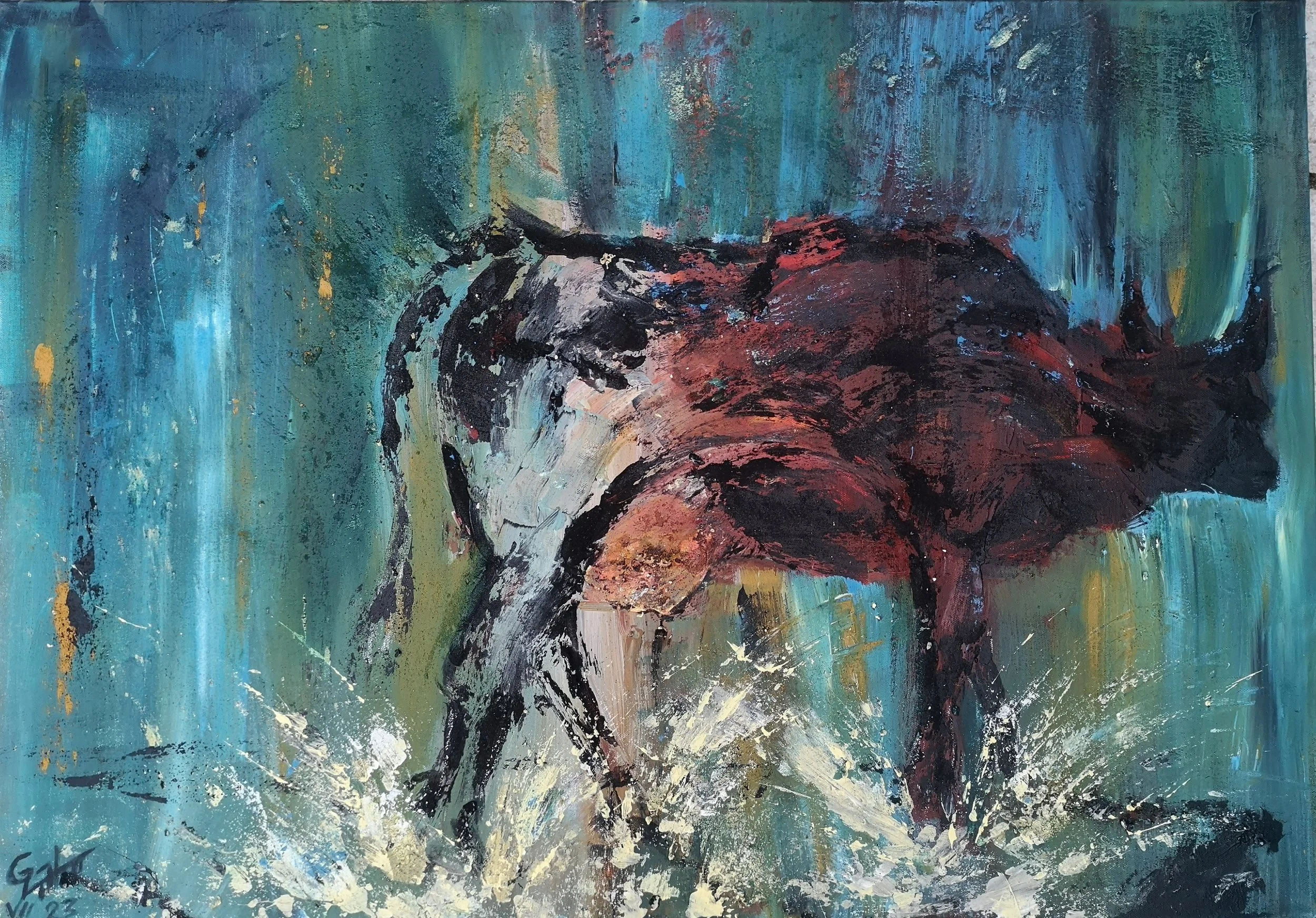 An abstract painting of a dog and a red umbrella with dynamic brushstrokes and vibrant colors.