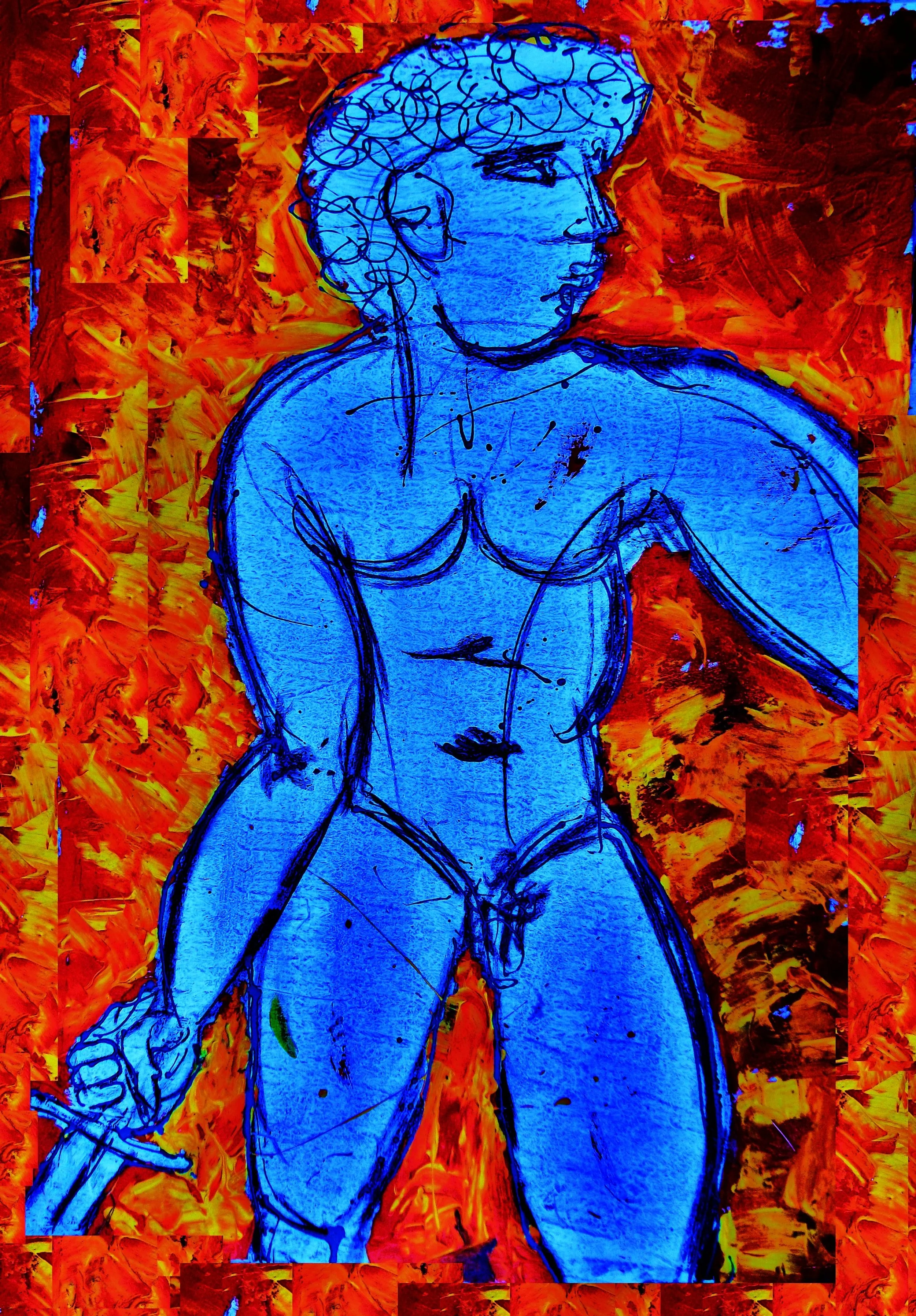A colorful abstract artwork of a nude female figure outlined in black, with a blue color filling and a fiery red and orange background.