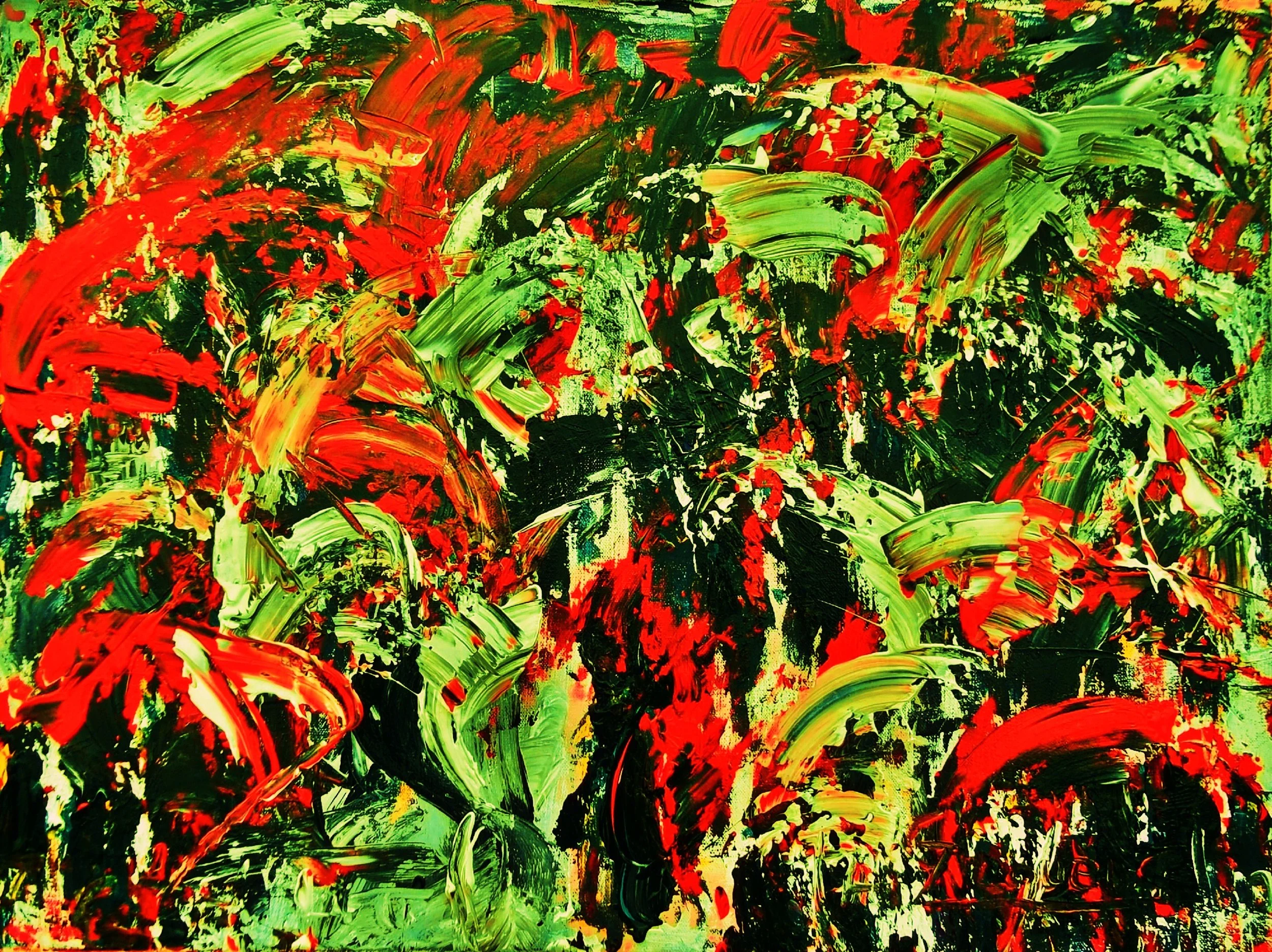 Abstract painting with bold red, green, and black brushstrokes.