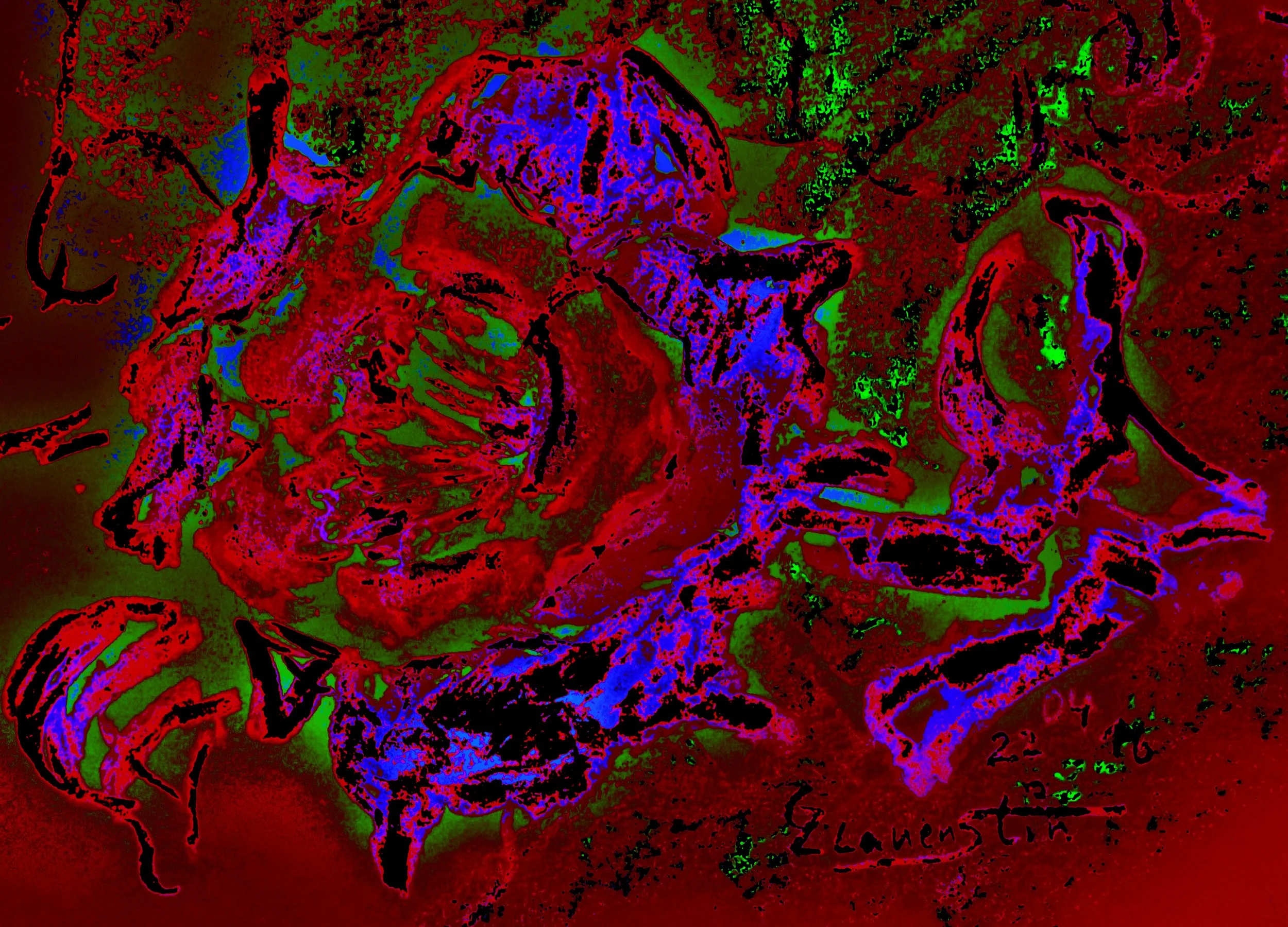 Abstract artwork with dominant red, blue, green, and black colors. Features a stylized skull at the center, surrounded by chaotic shapes and patterns. Handwritten text reads '2 Lamstein' in the lower right corner.