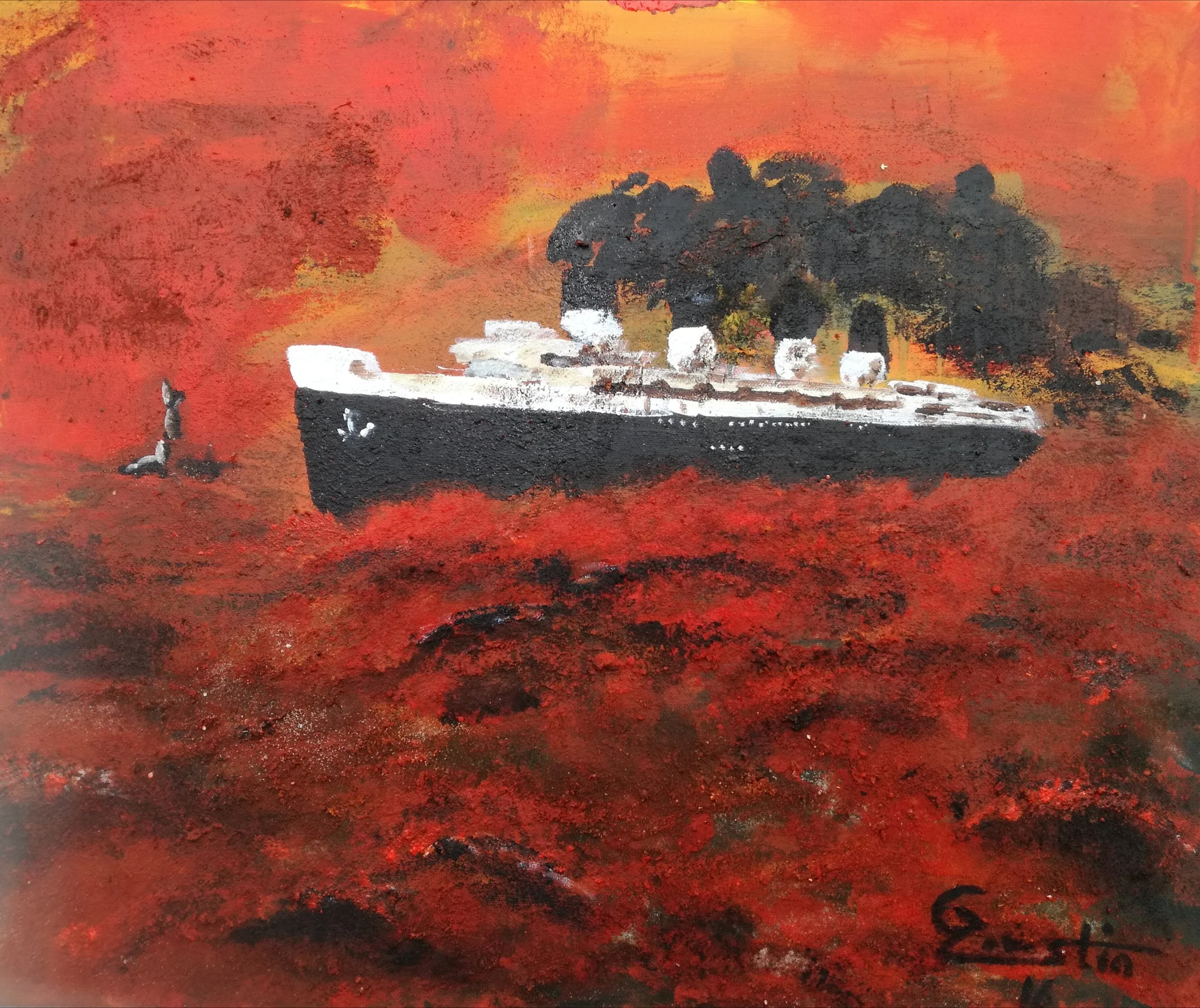 Painting of a large passenger ship with black smoke billowing from its smokestacks against a fiery red and orange sky, with a small bird flying nearby.