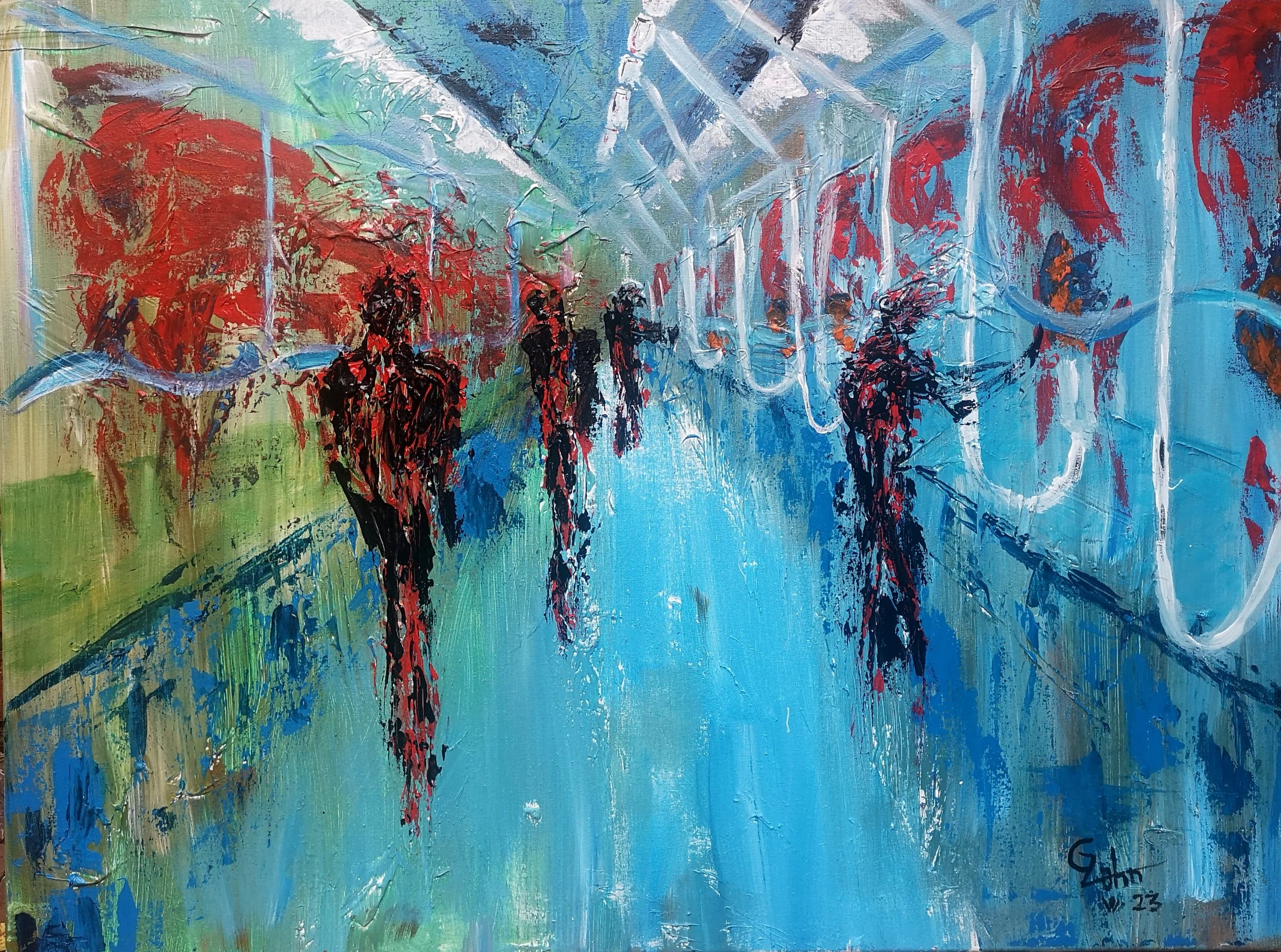 An abstract painting depicting a group of five people walking in a tunnel with graffiti on the walls. The scene is rendered in bold, vivid colors with loose, expressive brushstrokes.