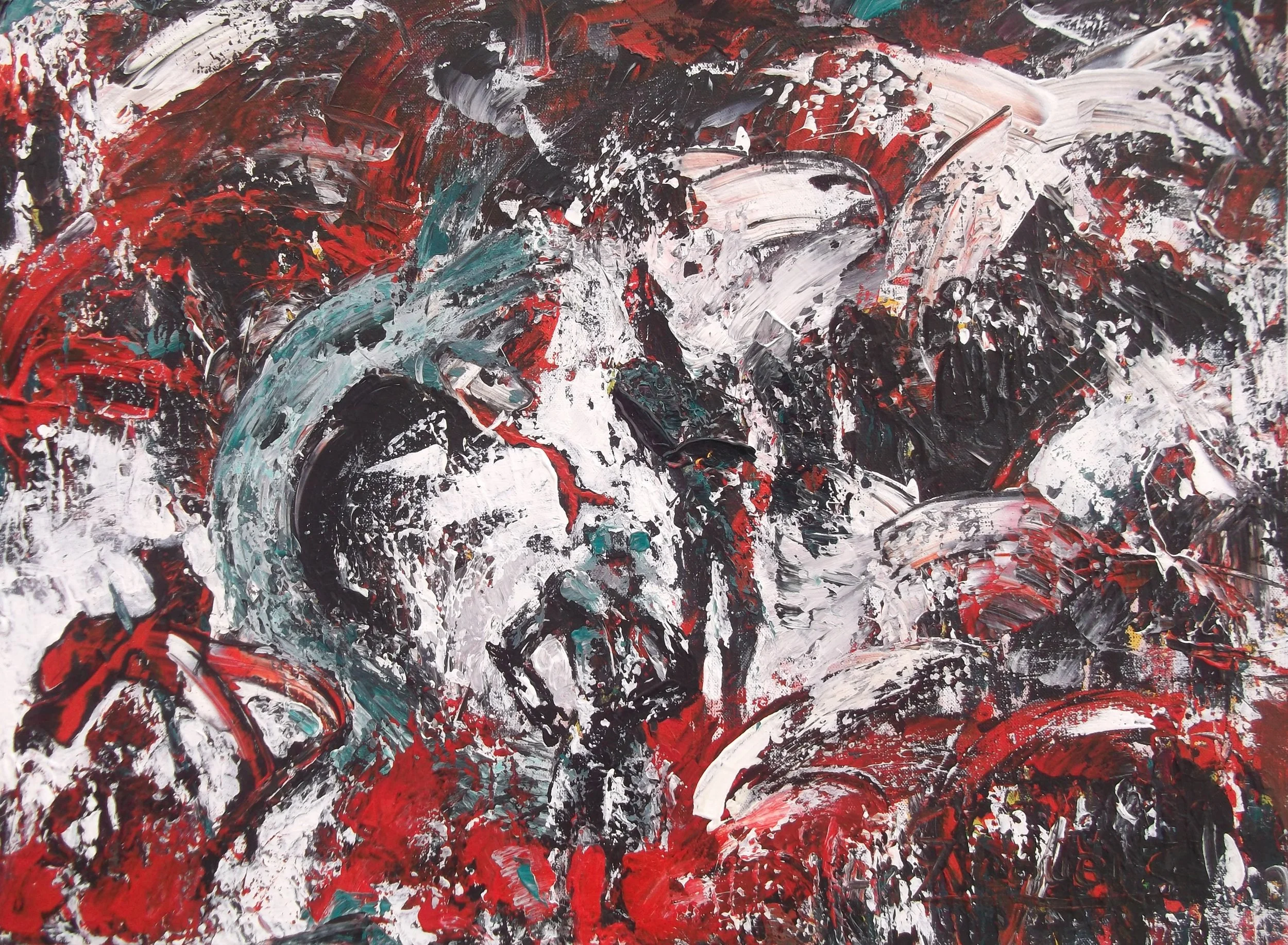 An abstract expressionist painting with bold strokes of red, black, white, and some teal. The composition is chaotic with swirling and splattered paint.