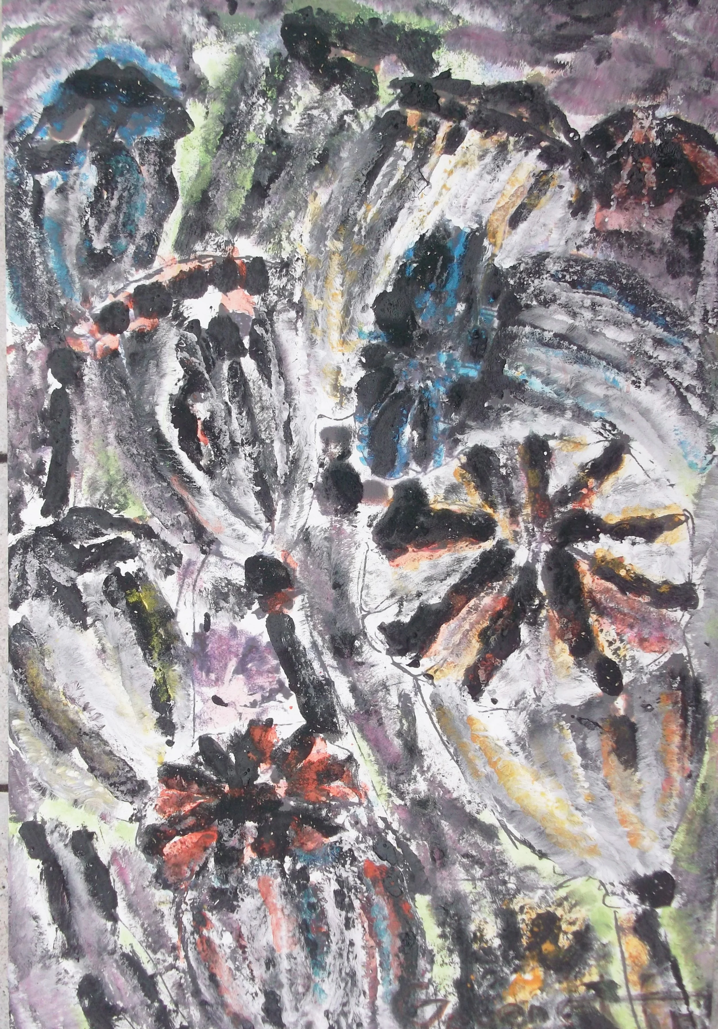 Abstract painting with dark, bold brushstrokes resembling flowers or leaves, with hints of blue, green, red, yellow, and purple colors.