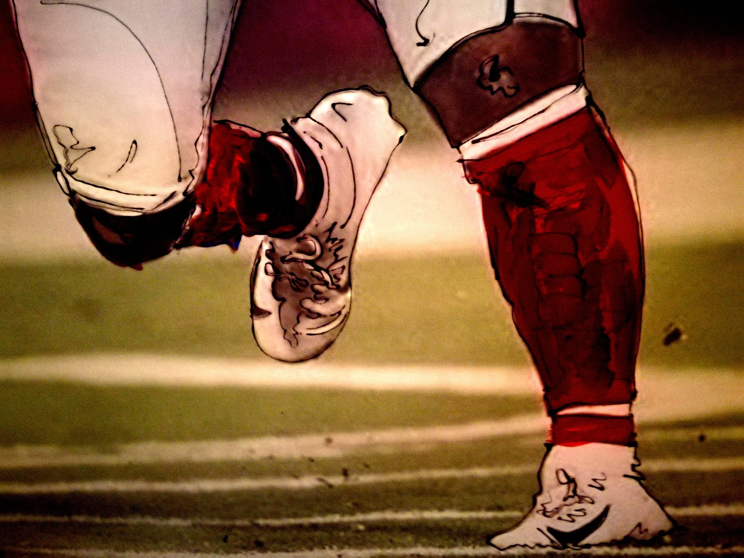 A stylized, illustrated close-up of a football player in red uniform, kneeling on the ground with one knee, holding a football helmet in one hand, while the other hand rests on the ground.