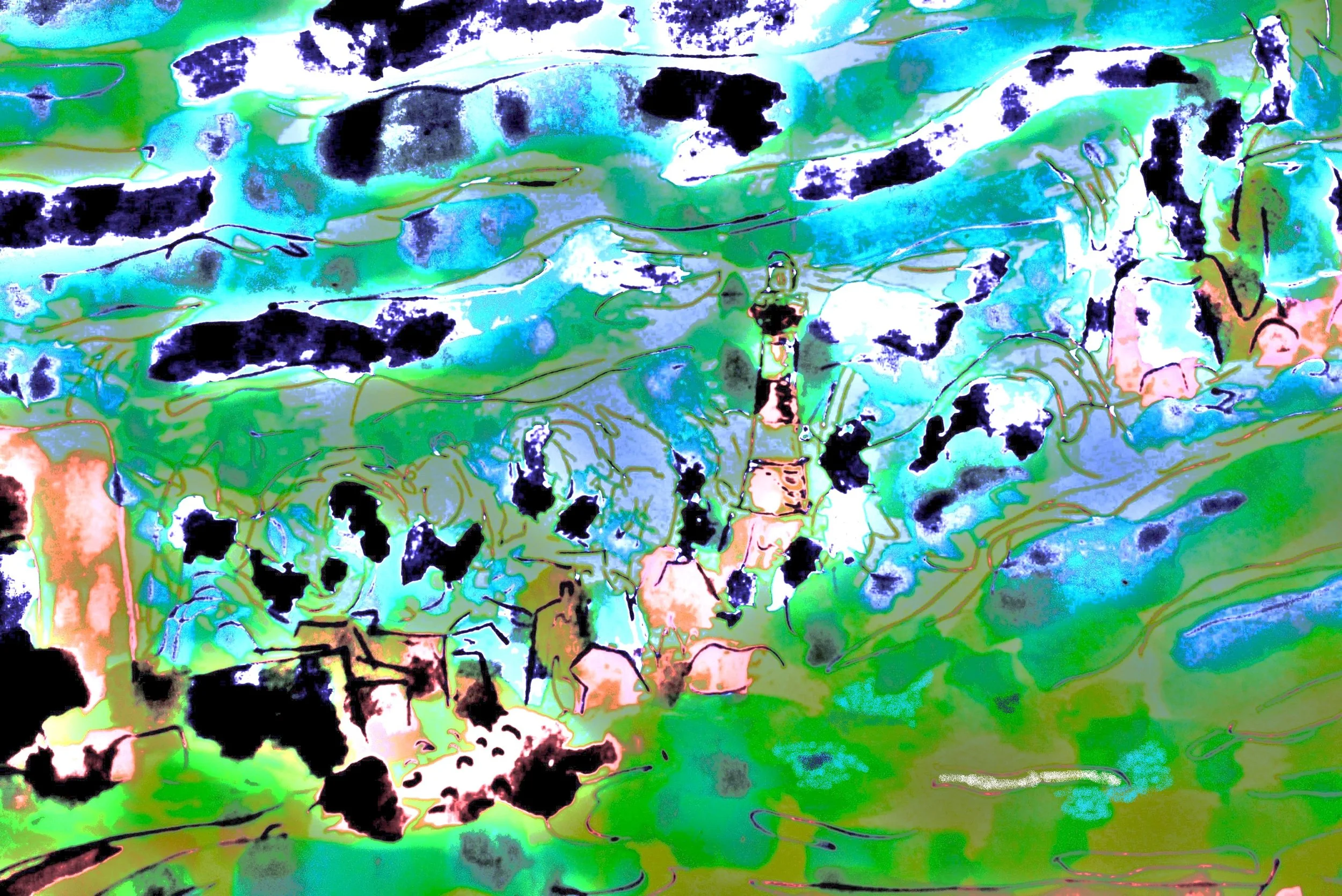 Abstract painting with vibrant splashes of green, blue, black, and hints of peach and white.