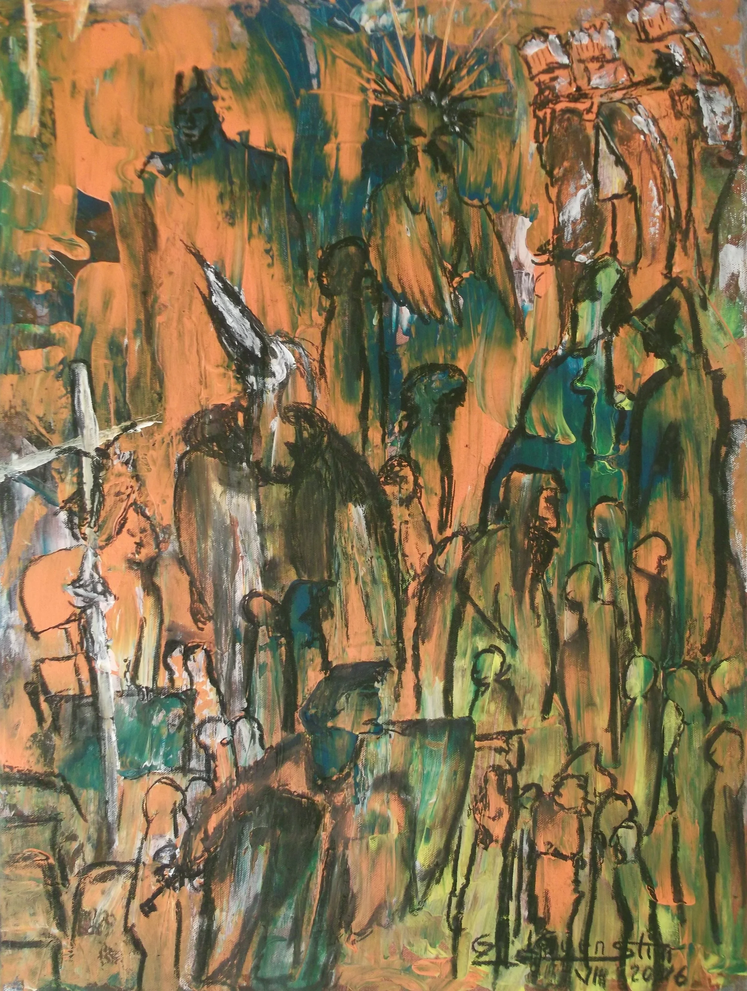 Abstract painting of multiple human figures in earthy tones with black outlines, some figures holding objects like umbrellas, set against a textured background with shades of orange, green, and blue.