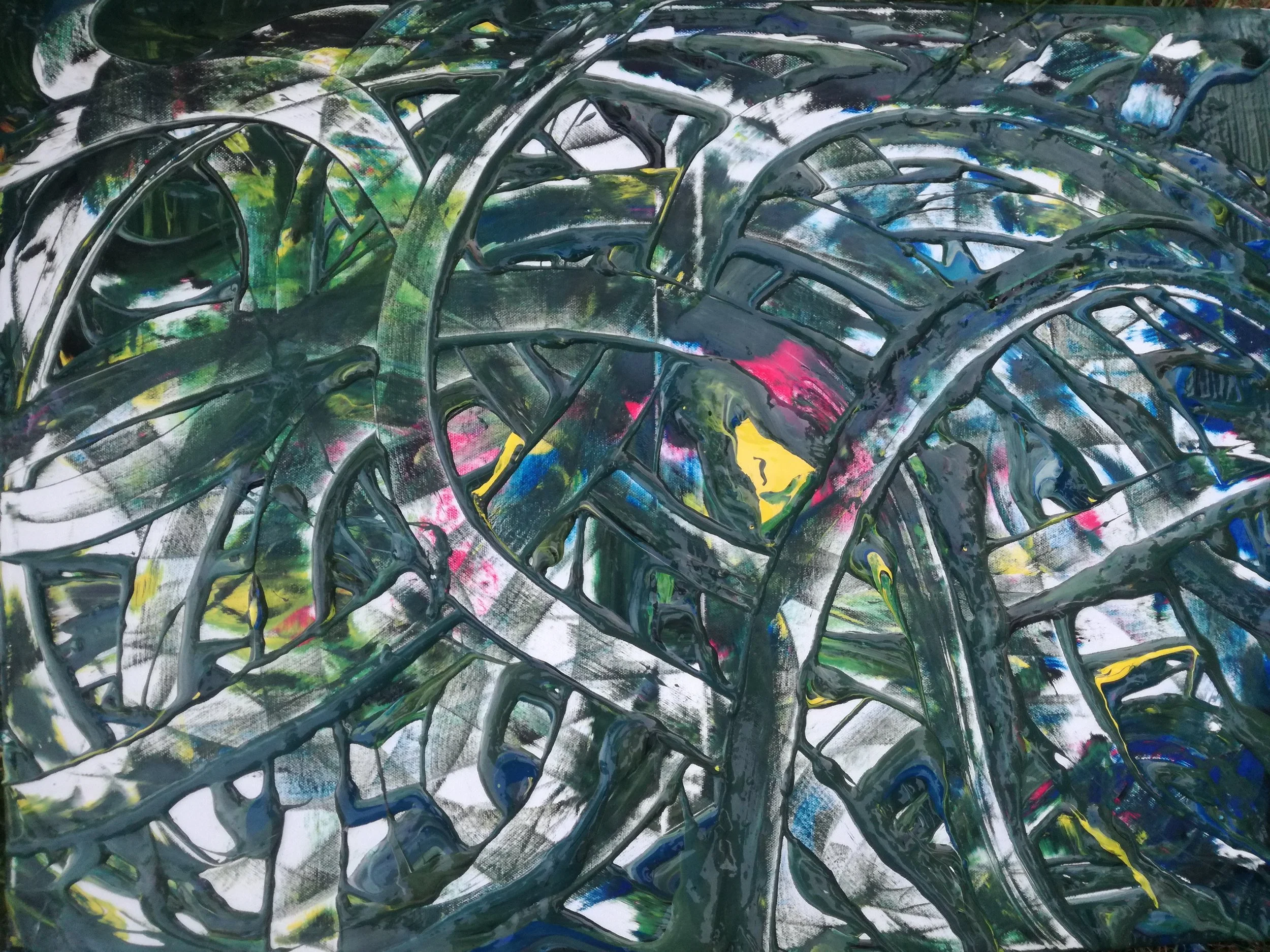 Abstract painting with overlapping green, black, yellow, pink, blue, and white brushstrokes forming leaf-like shapes.
