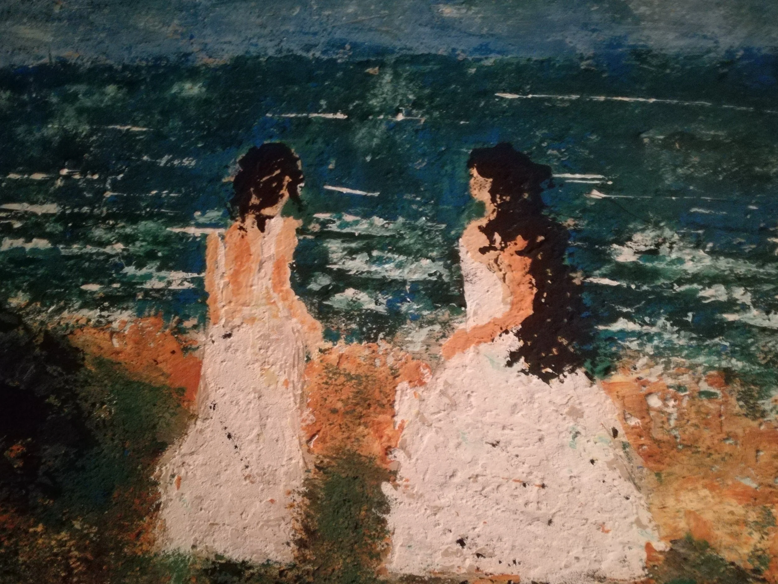 A textured painting of two women in white dresses holding hands, standing outdoors with a green landscape and blue sky in the background.