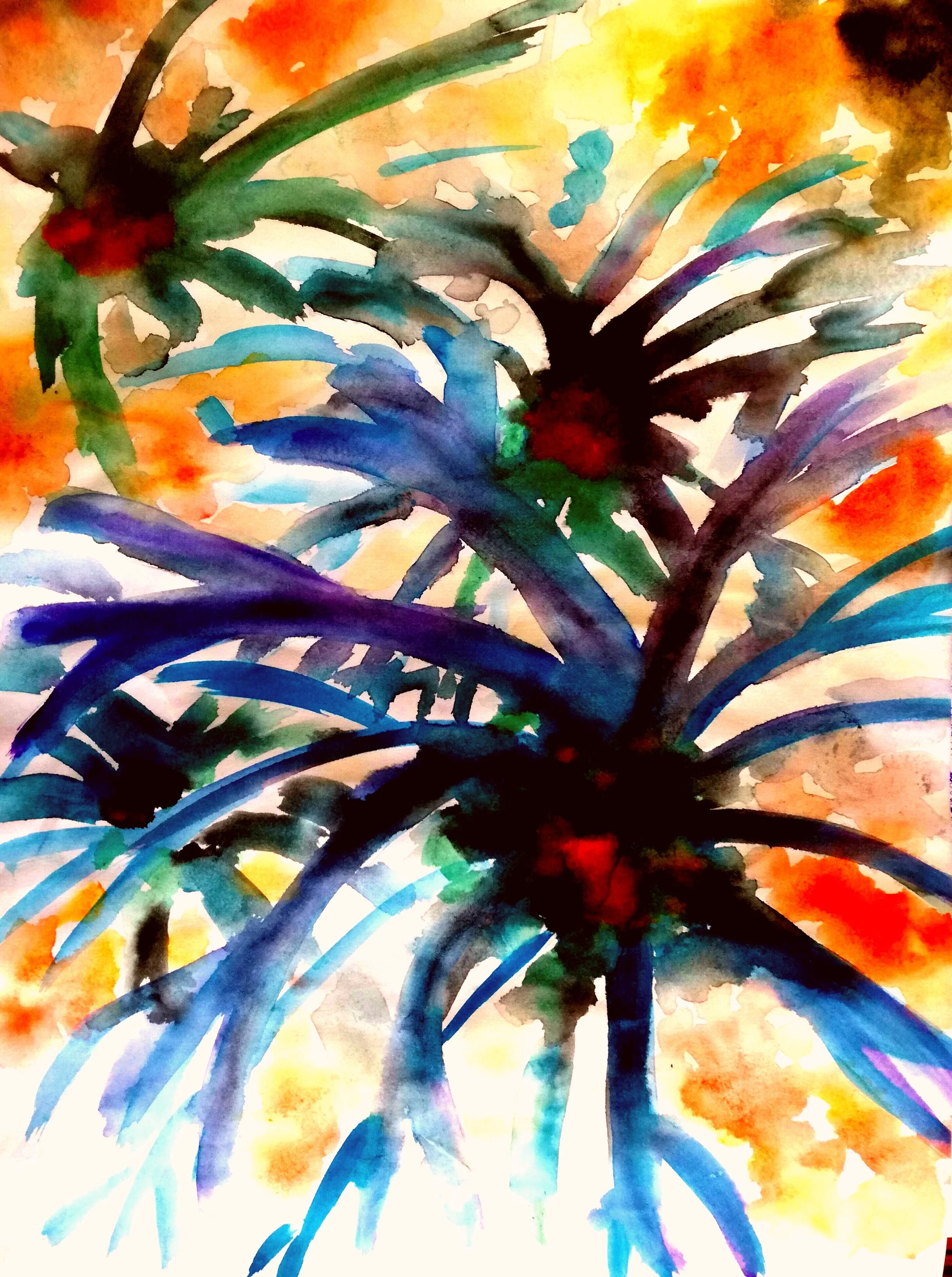 Colorful watercolor painting of fireworks exploding in the night sky with vibrant streaks of blue, purple, green, red, orange, and yellow.