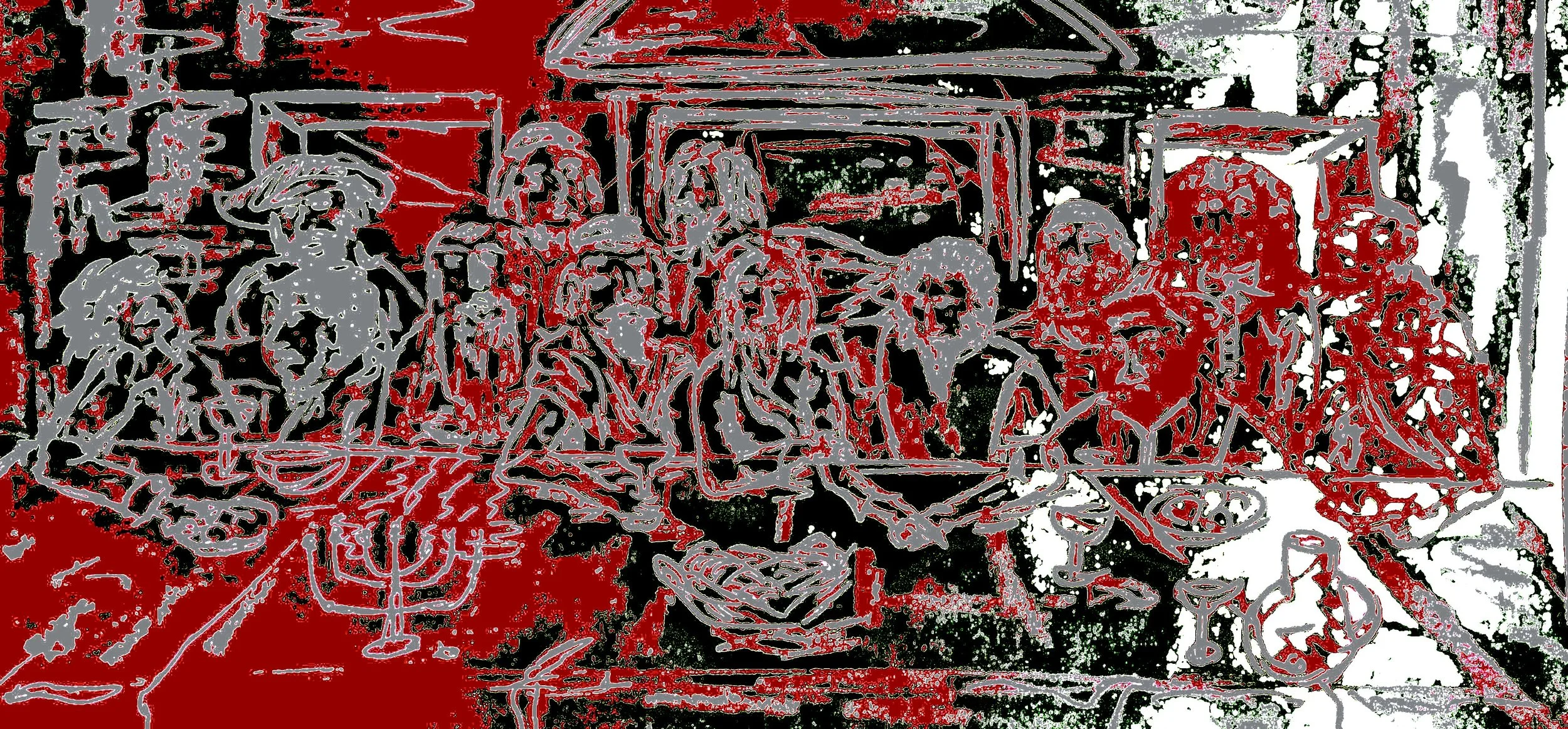 A highly stylized, abstract image of a dinner table with several people around it, with various objects and drinks, rendered with a color palette of red, black, white, and gray.