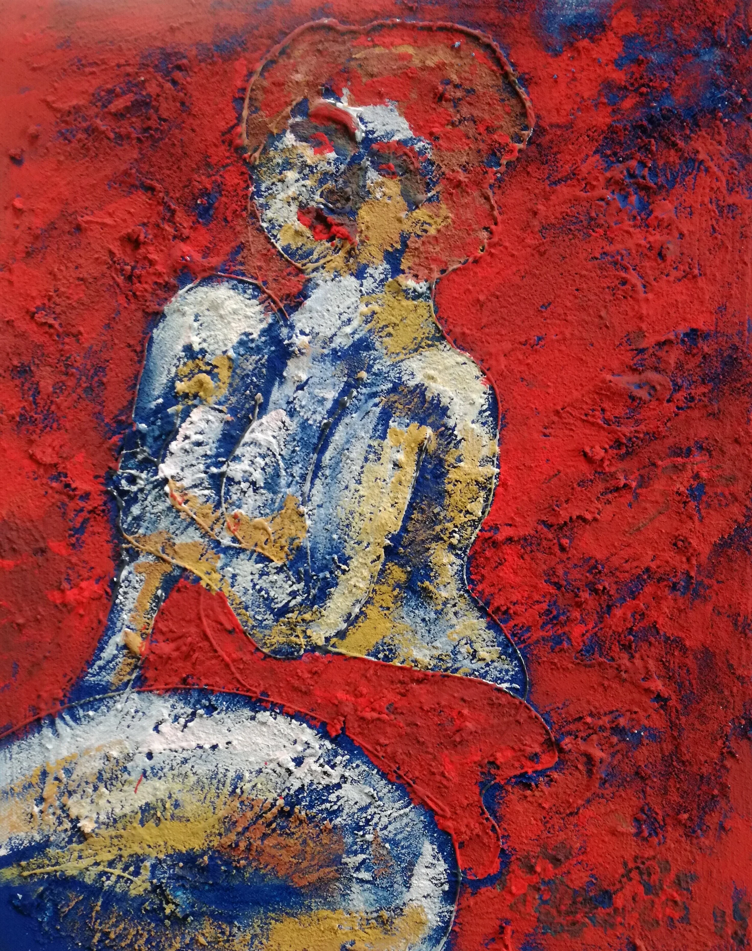 Abstract painting of a woman with dark hair, sitting against a red background, with highlighted gold, white, and blue accents.