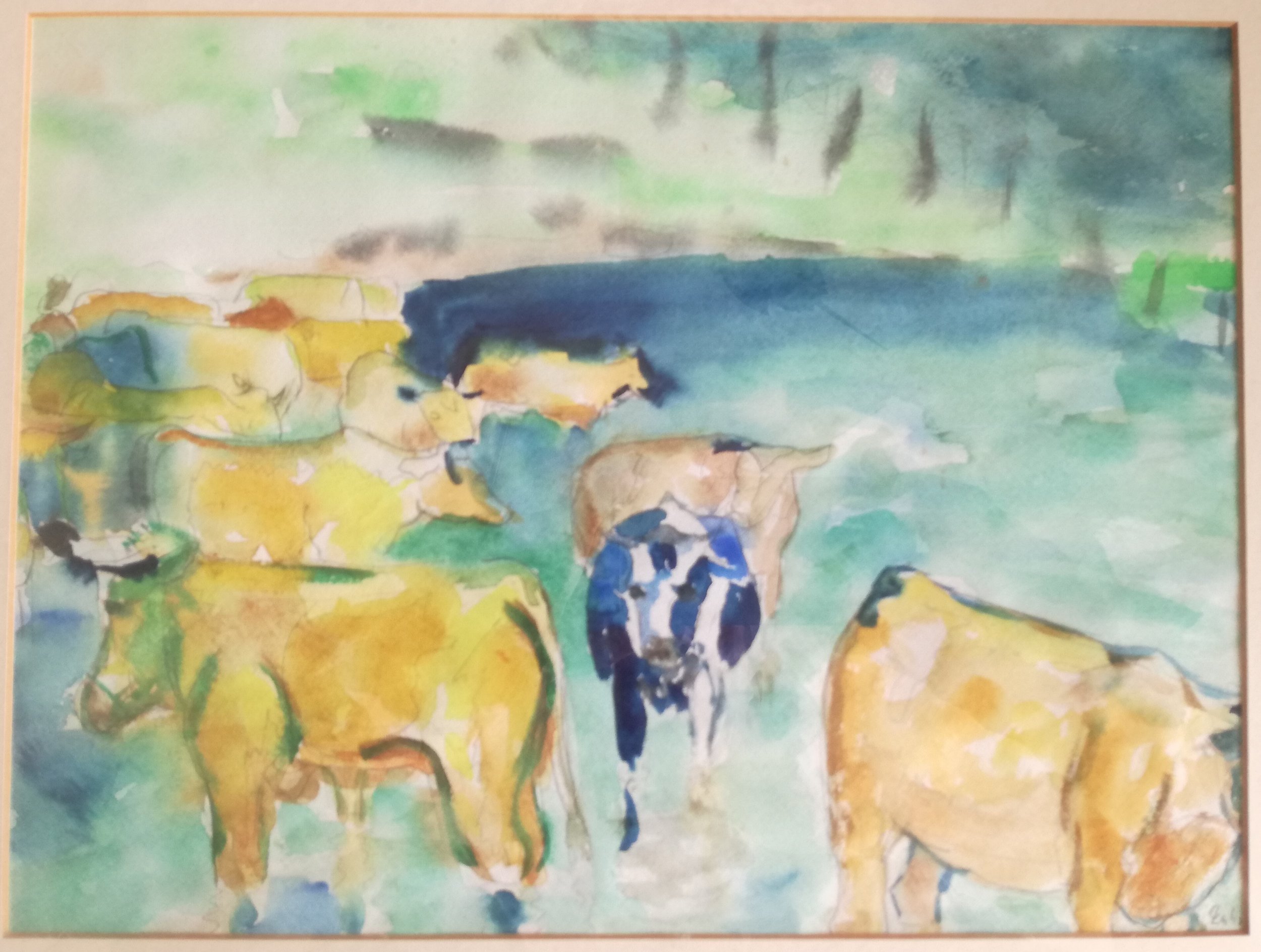 Watercolor painting of a group of cows near a body of water with a landscape background.