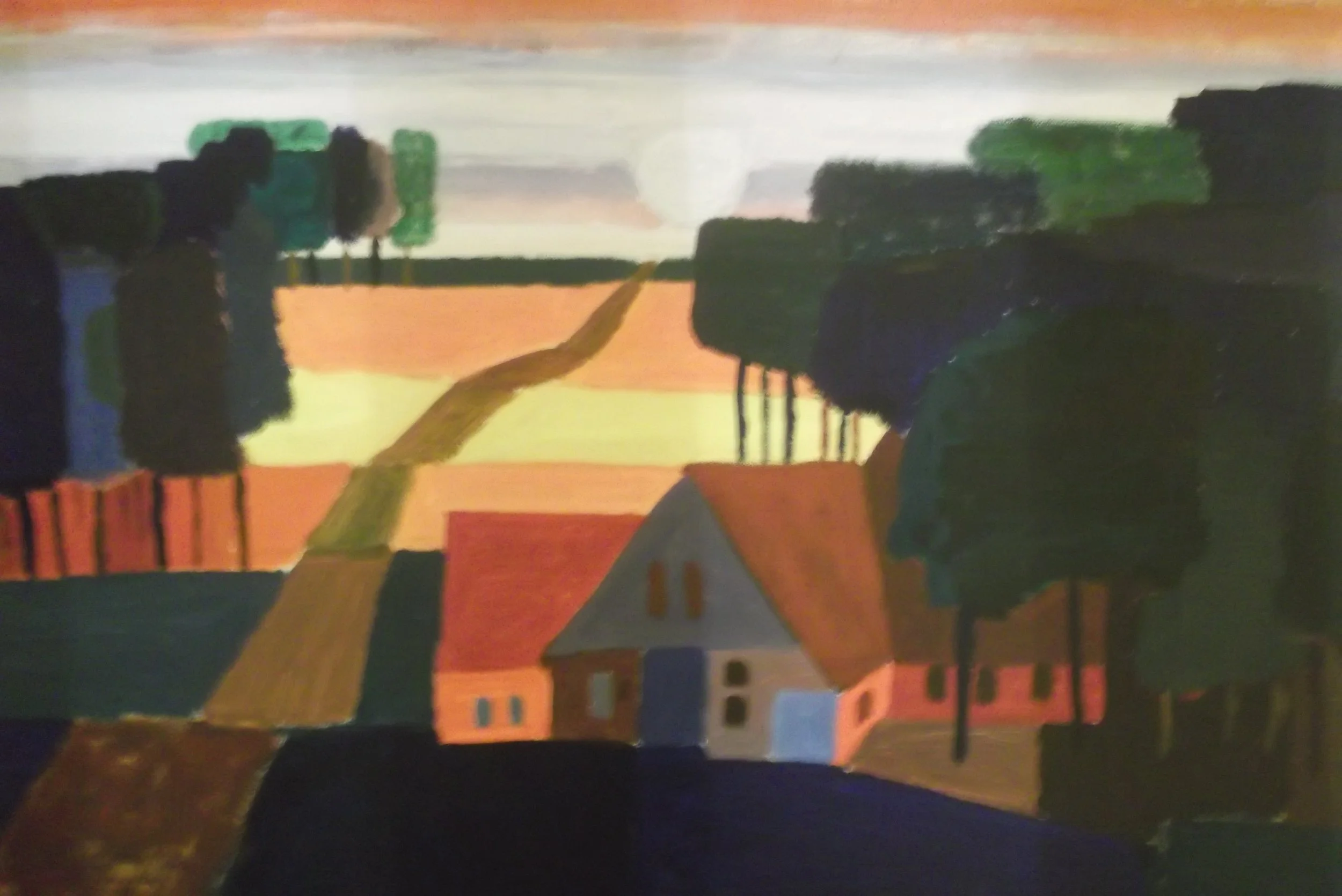 A colorful, abstract painting of a rural landscape with trees, a house with a red roof, and a sunset sky.