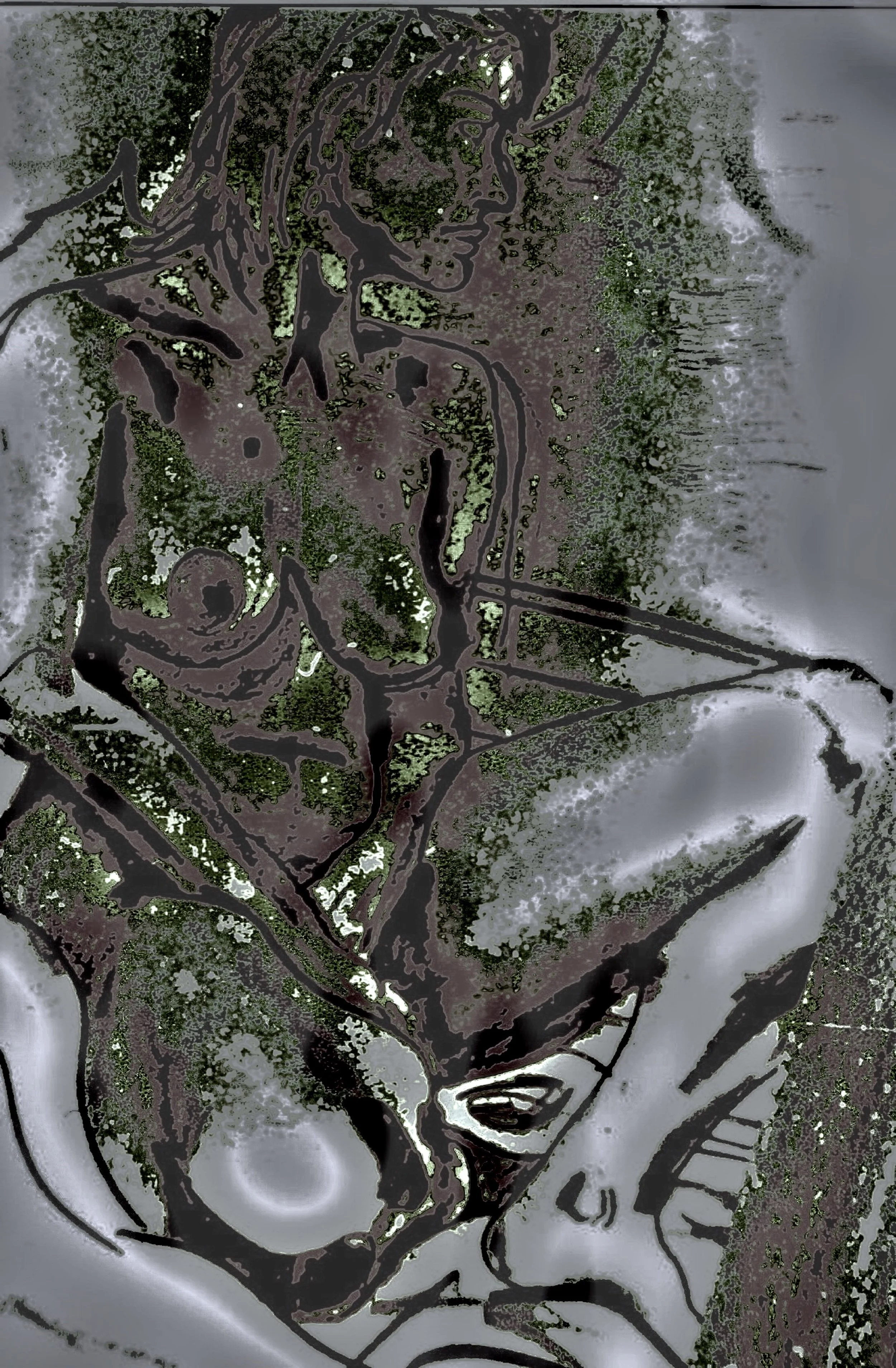 Artistic illustration of a woman with long hair, holding a vinyl record close to her face, with a background of textured patterns.