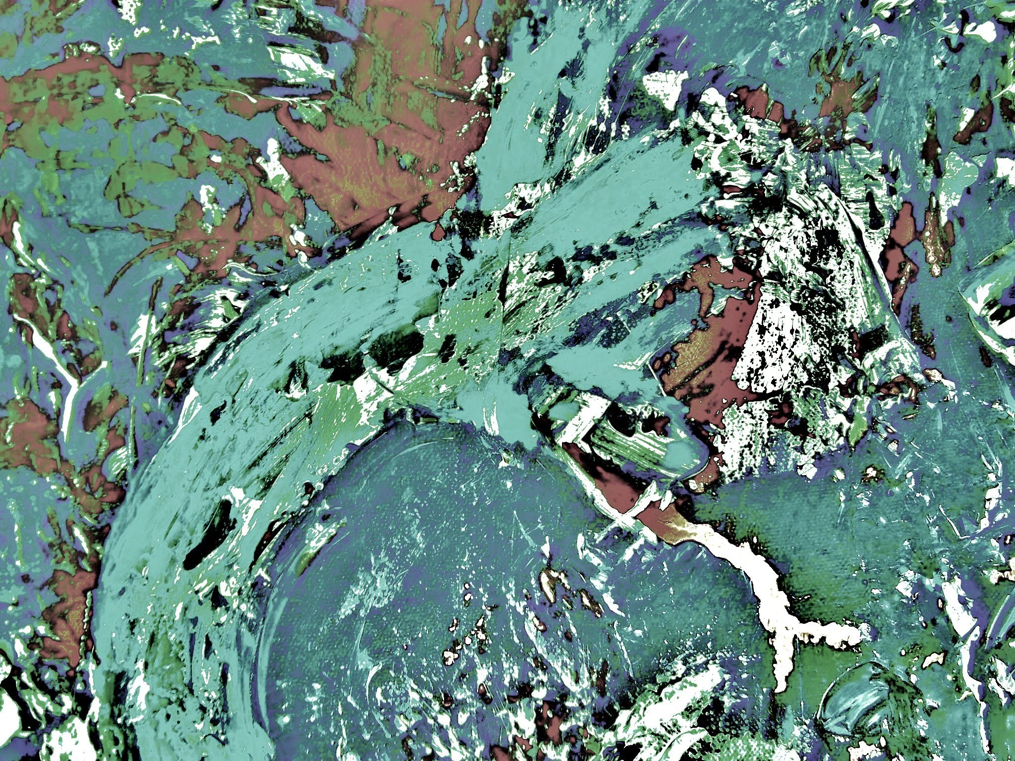 Abstract painting with broad brush strokes in shades of green, teal, purple, and white.