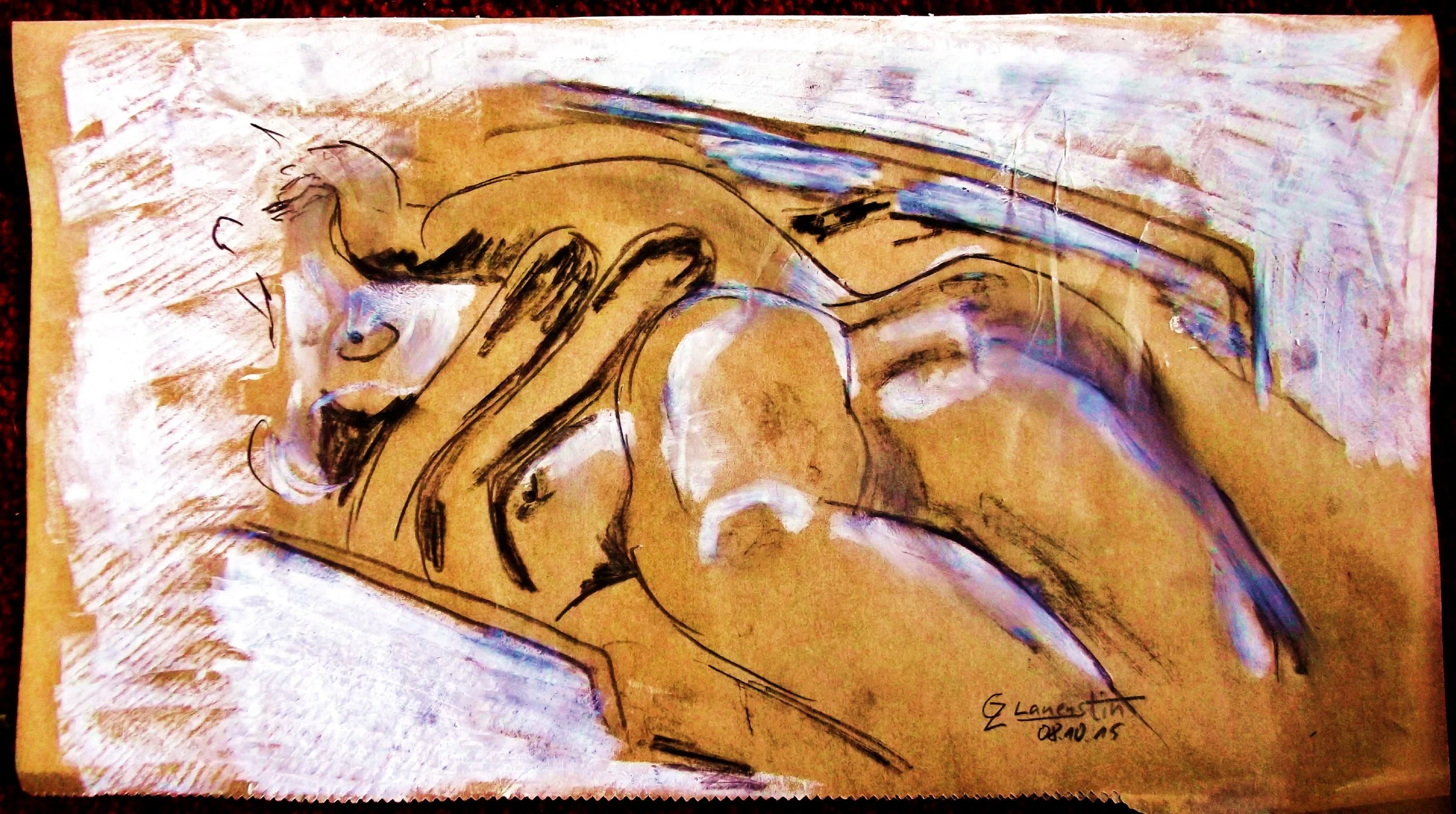 Abstract artwork of a woman lying down, resting her head on her hand, with expressive brushstrokes and muted color tones.