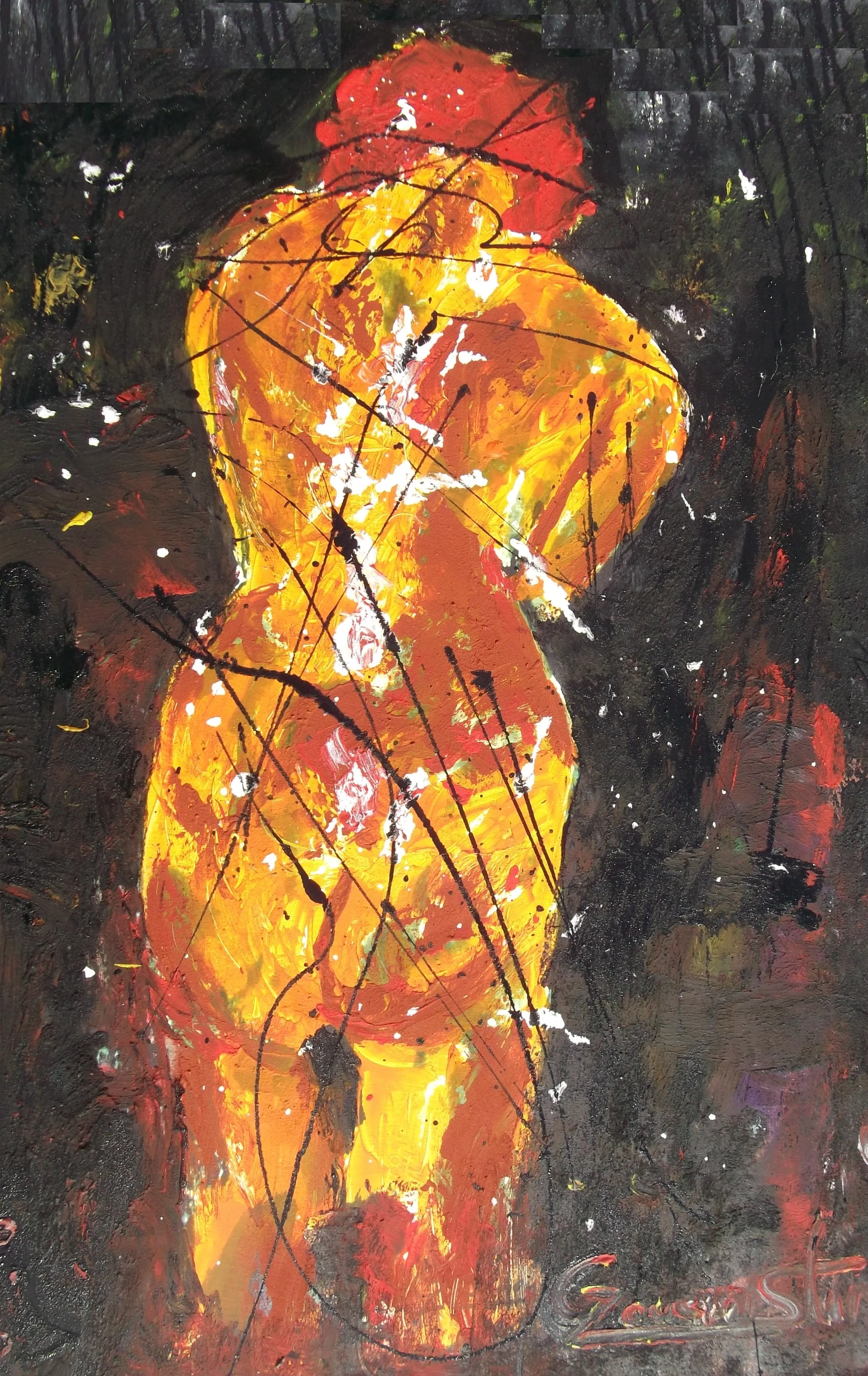 Abstract painting of a nude female figure in warm yellow, orange, and red tones, with dark background and black paint splatters.
