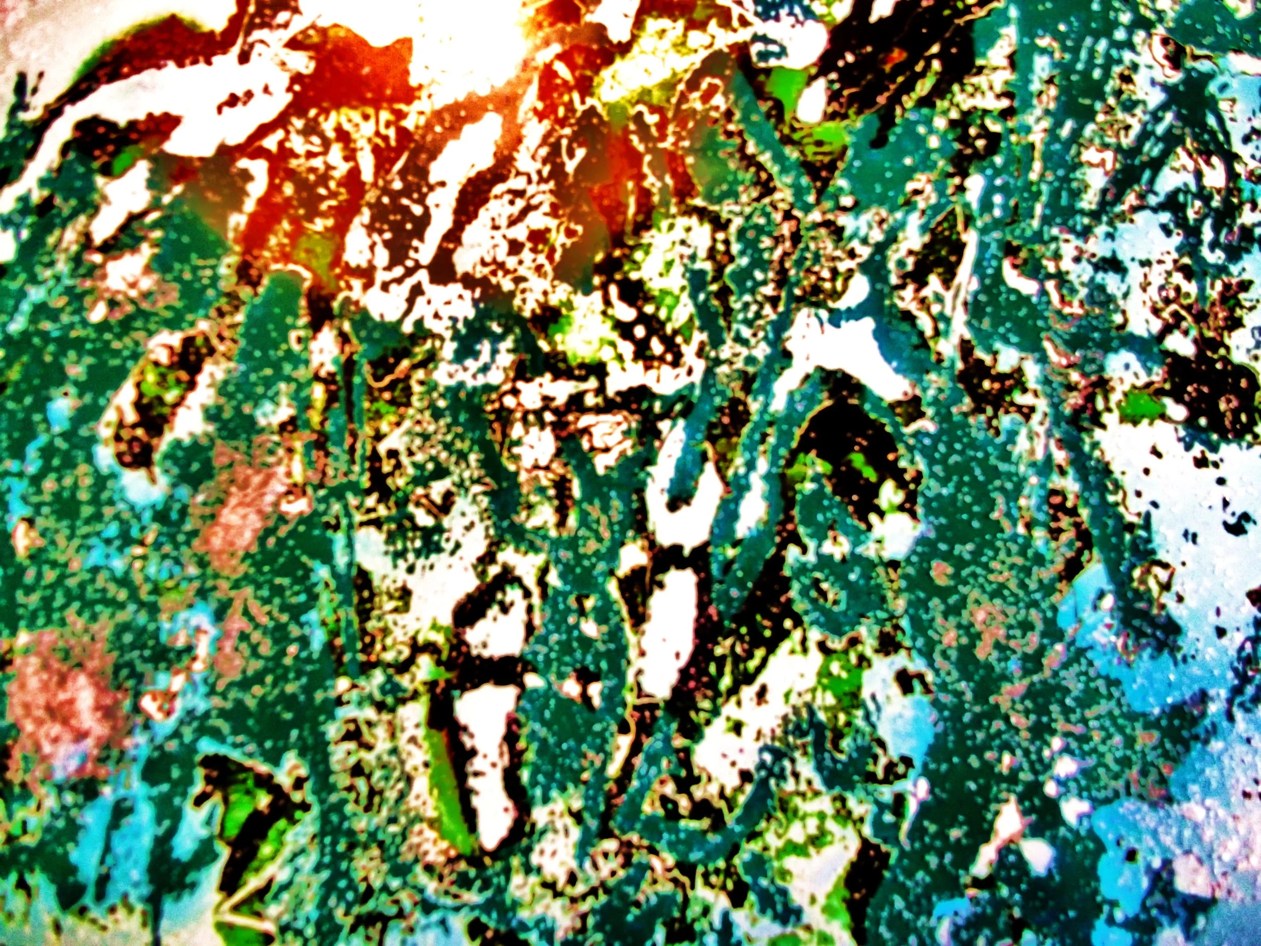 A close-up abstract image with various colors and patterns resembling a nature scene with plants or foliage.
