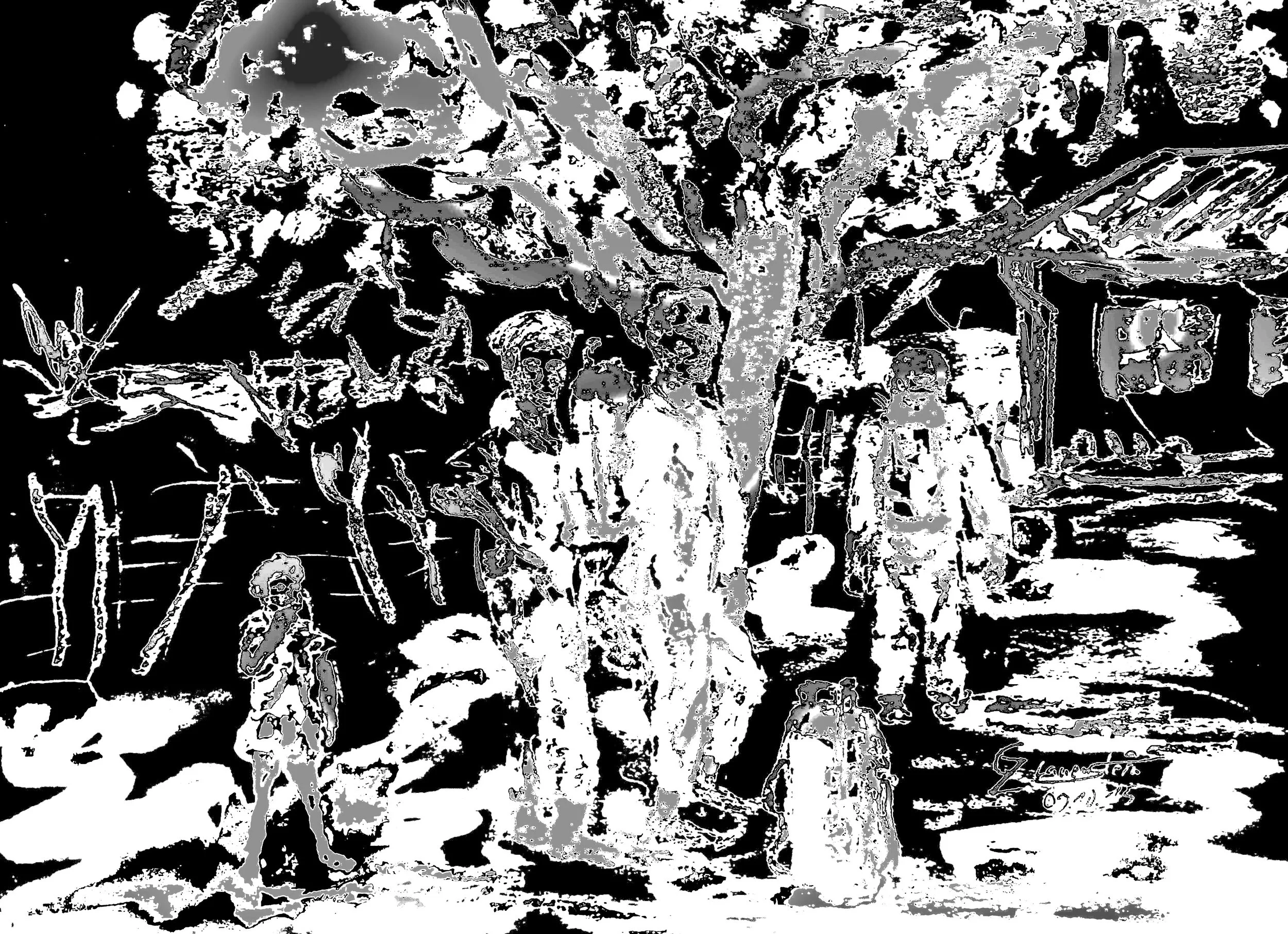 Children and adults walking down a street in a neighborhood with houses and trees.