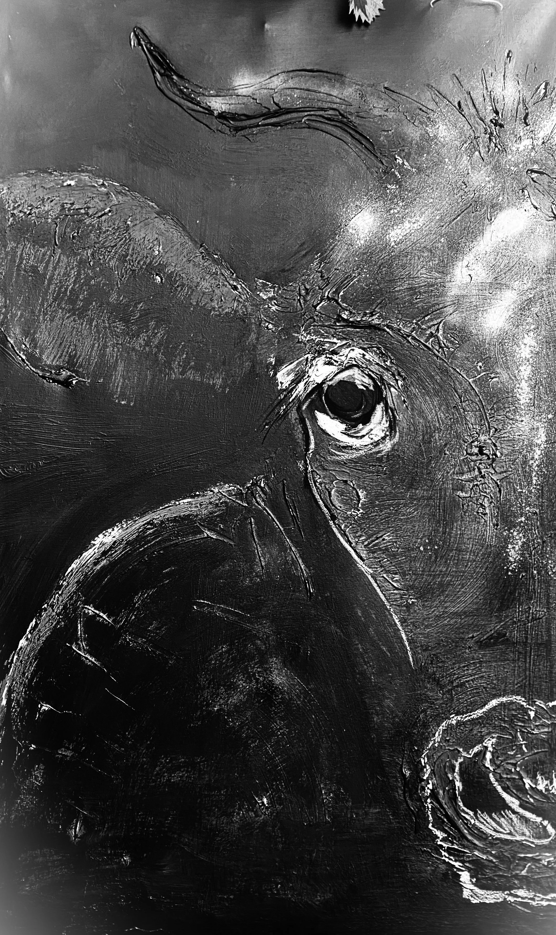 Close-up of a textured black-and-white painting of a horse's face, focusing on its eye and surrounding details.