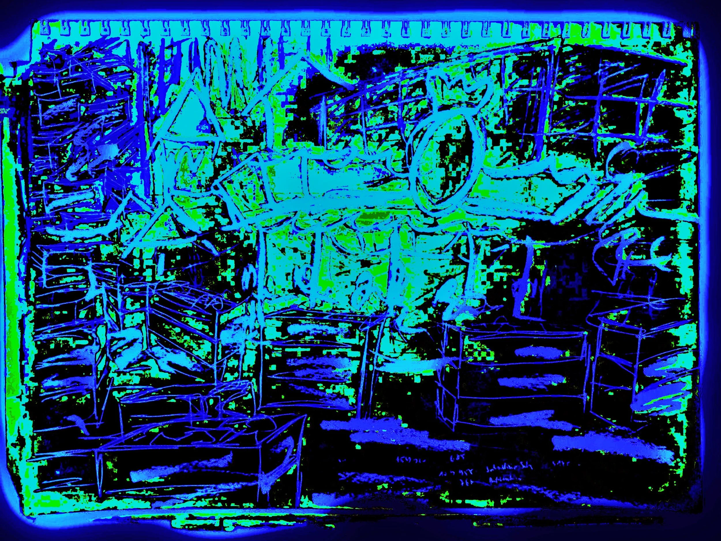 Color-enhanced image of a vintage aircraft display with several model planes on shelves and a large airplane propeller in the background.