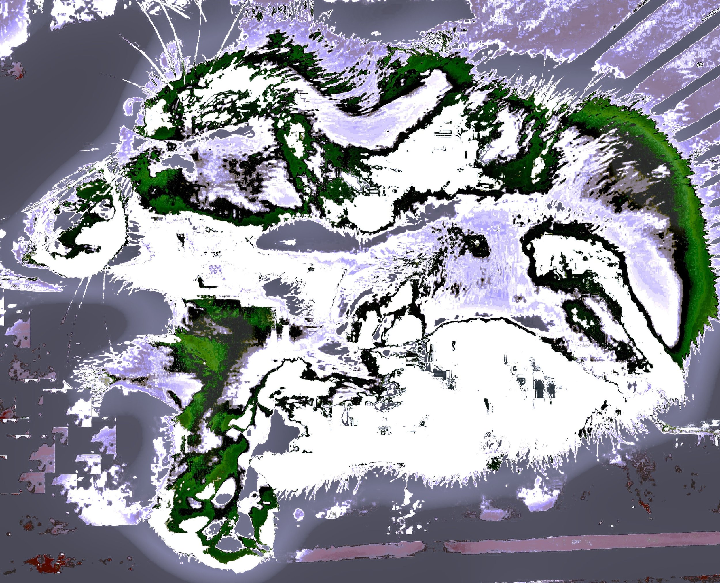 A stylized, high-contrast digital image of two ferrets, one dark-colored and the other light-colored, intertwined and lying close to each other.