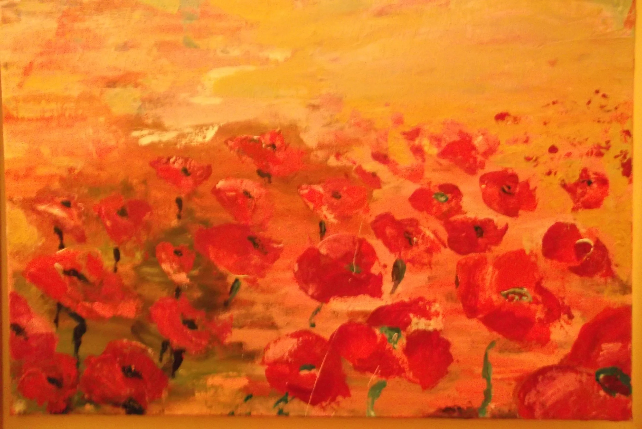 An impressionist painting of a field of red poppies with a sunset or sunrise in the background. The sky is painted with warm oranges, pinks, and hints of yellow.