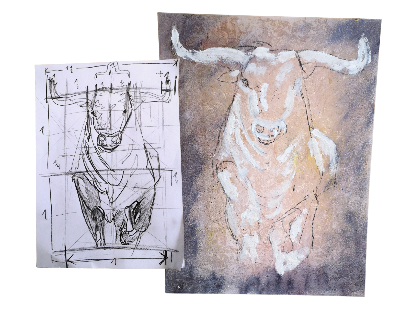A detailed pencil sketch of a bull's head, showing measurements and proportions, placed next to a finished watercolor portrait of a bull with large curved horns, a prominent nose, and a serious expression.