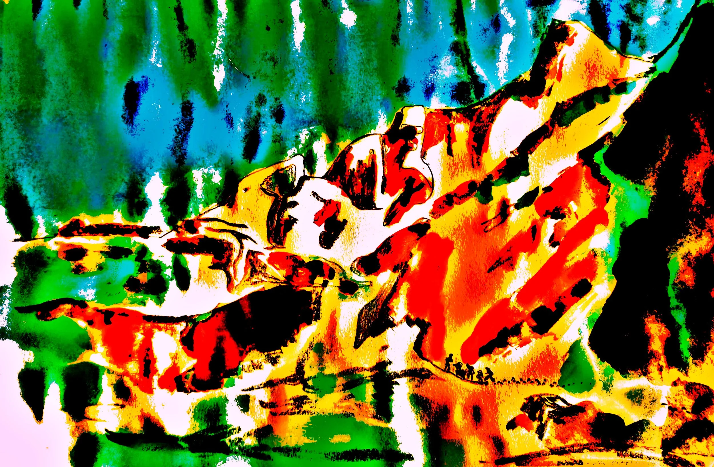 Colorful artistic painting of a tropical landscape with large mountain and small people walking along a path.