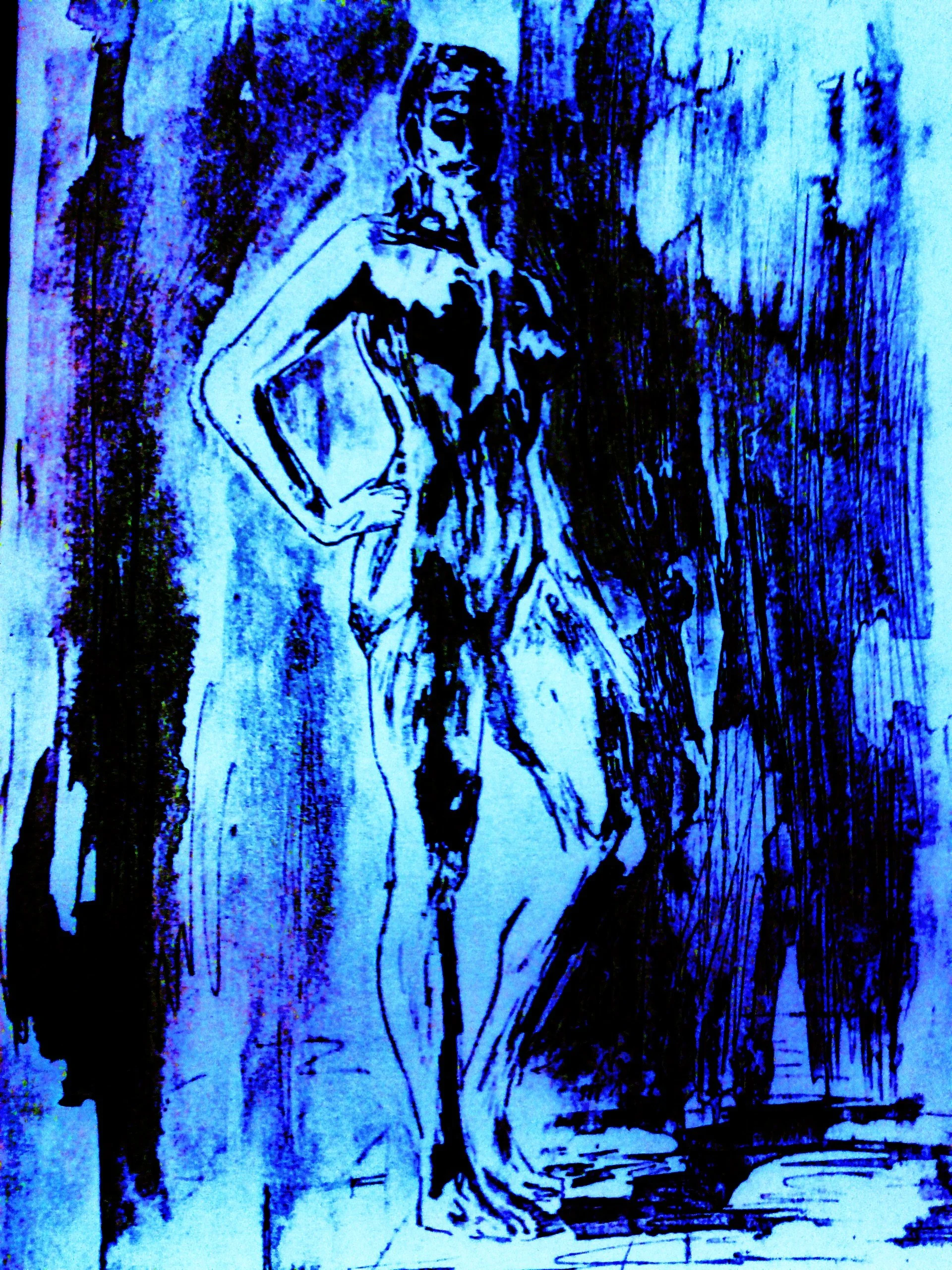 Black line drawing of a woman standing with her hand on her hip, wearing a strapless top and pants, with a background of abstract vertical lines.