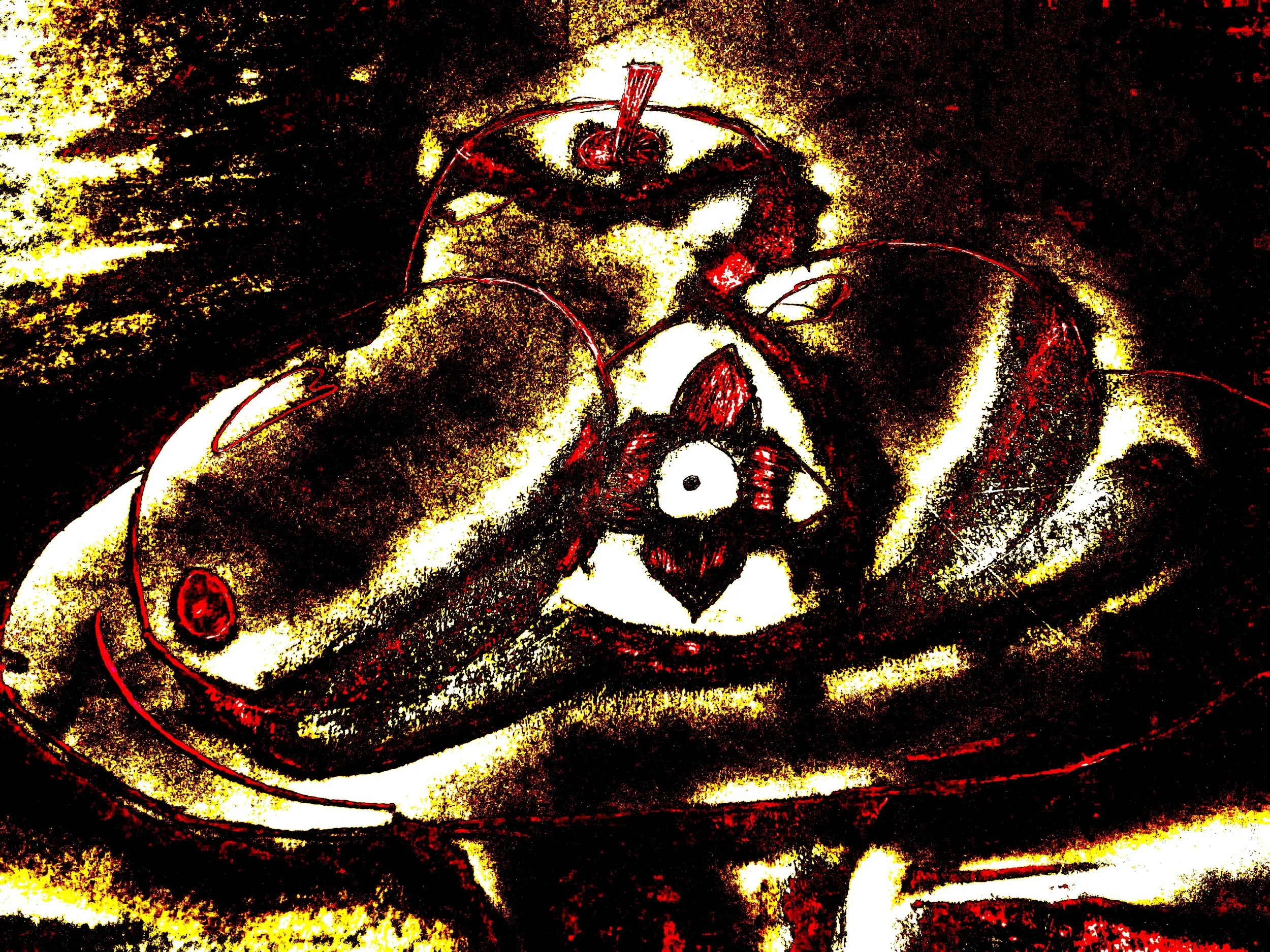 A stylized drawing of a bottle of soda with a straw, an apple, and a strawberry arranged around the bottle, drawn in dark and red colors with a glowing effect.