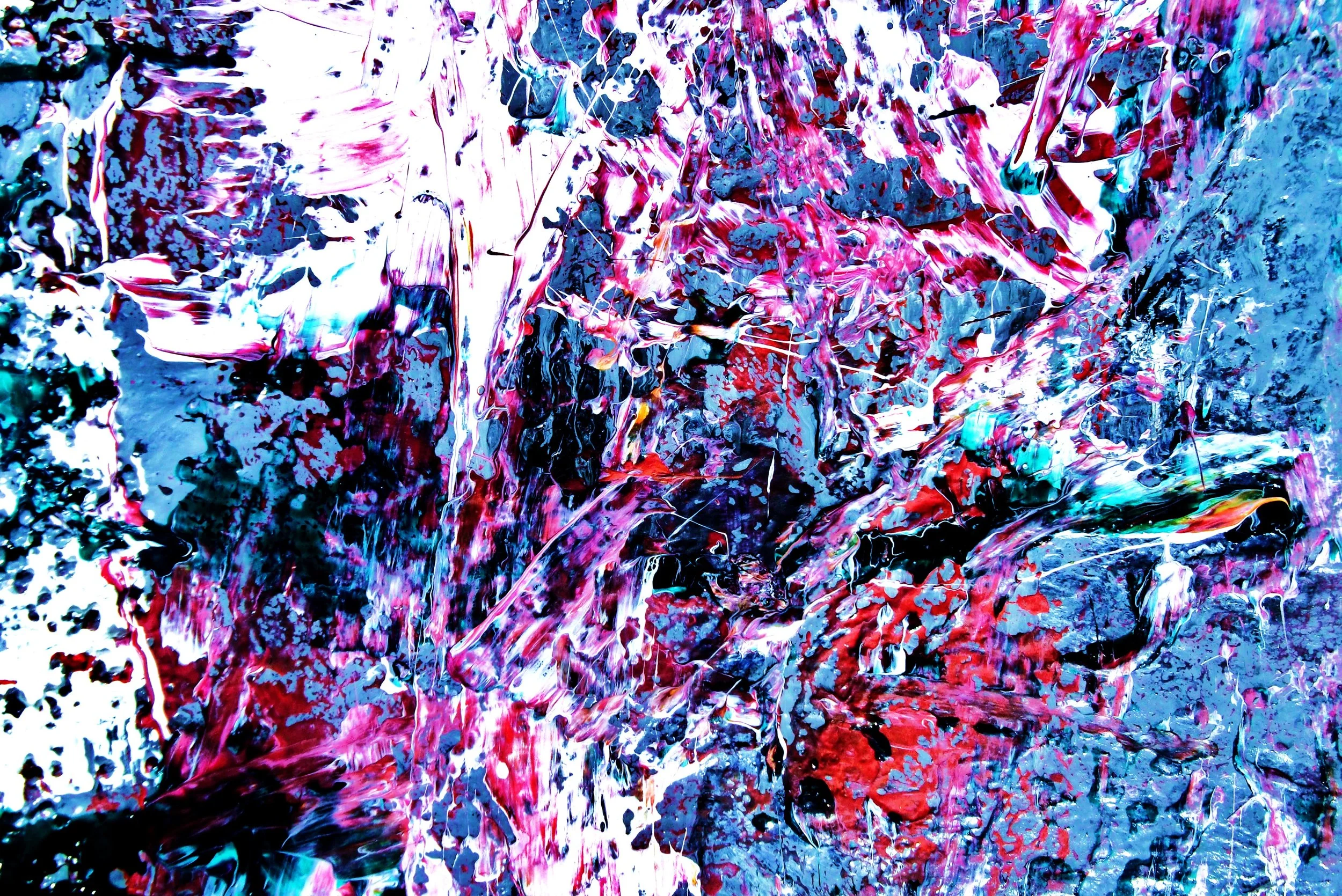 Abstract expressionist painting with vibrant splashes of pink, blue, purple, red, black, and white colors.